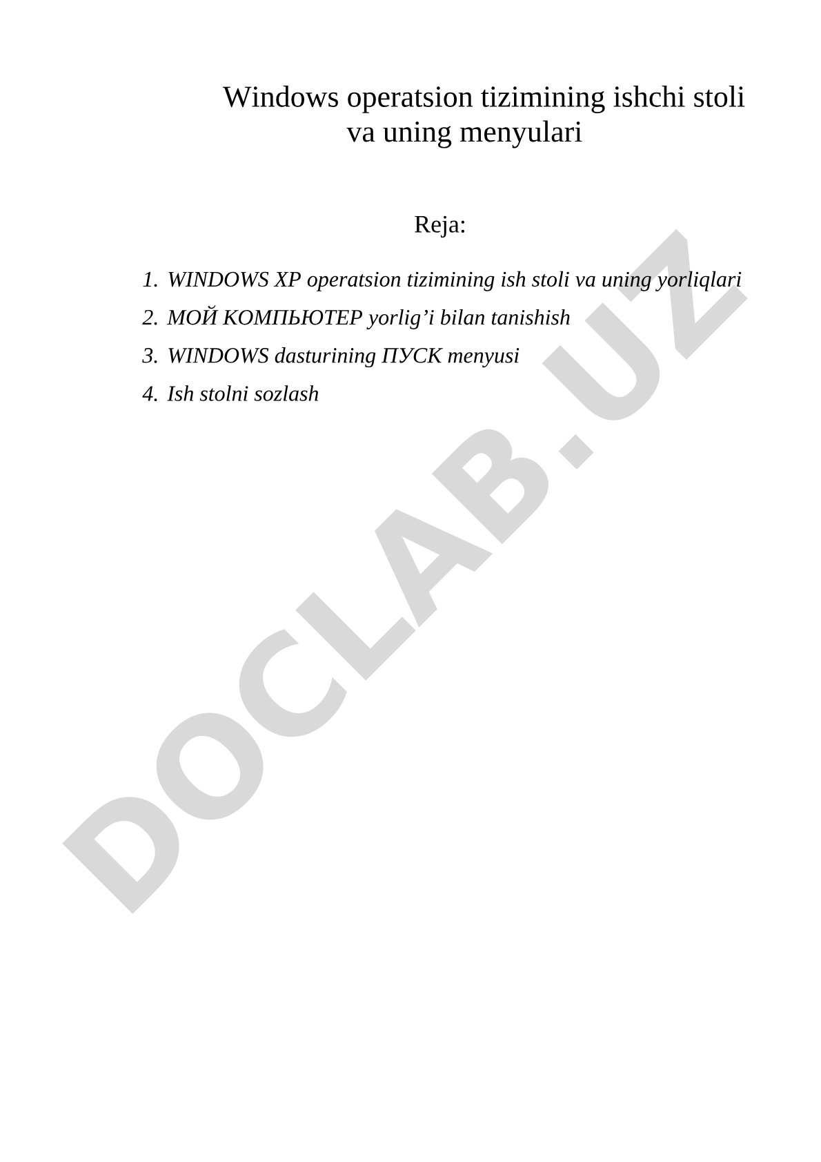 Windows operatsion tizimining ishchi stoli va uning menyulari