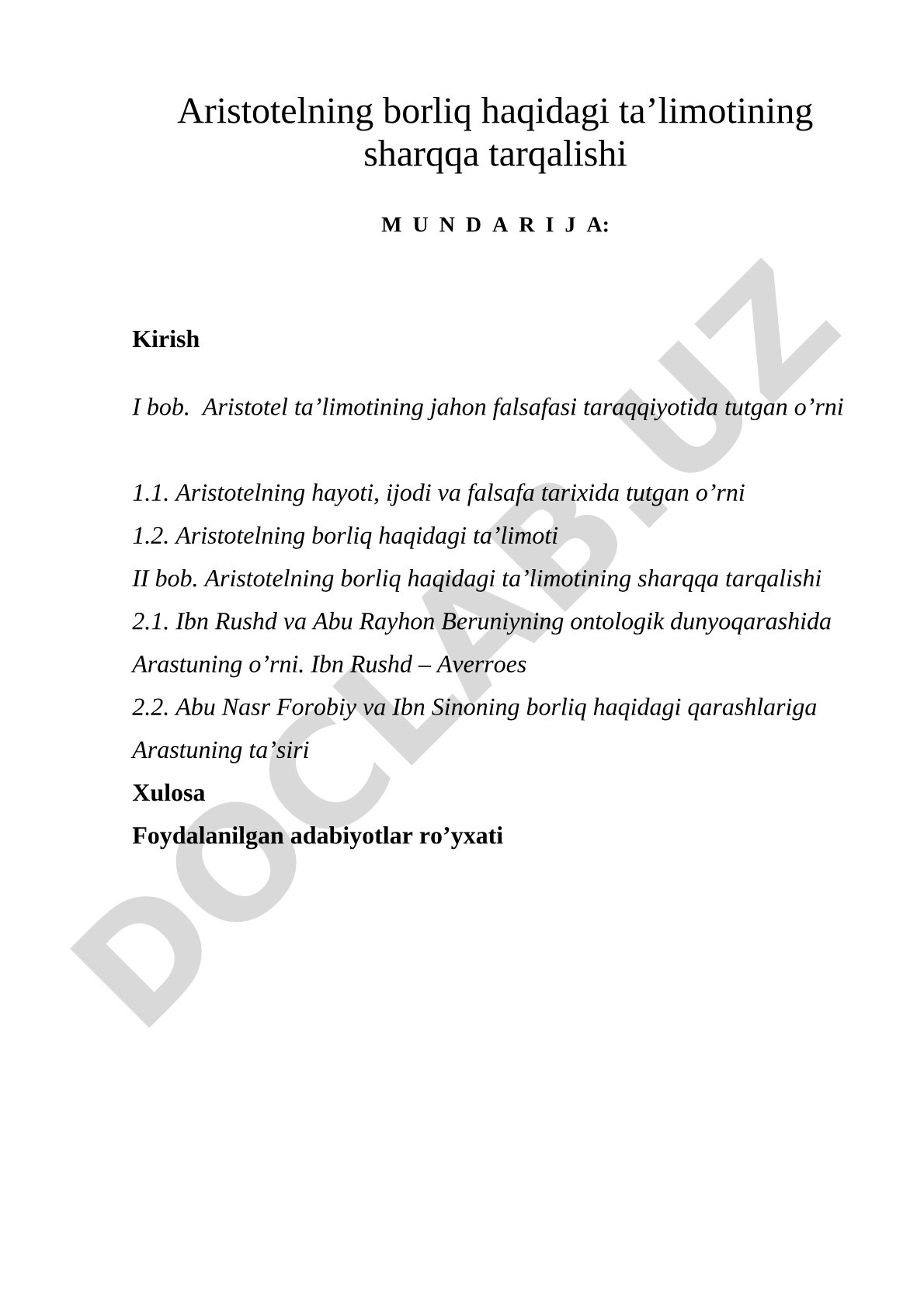 Aristotelning borliq haqidagi ta'limotining sharqqa tarqalishi
