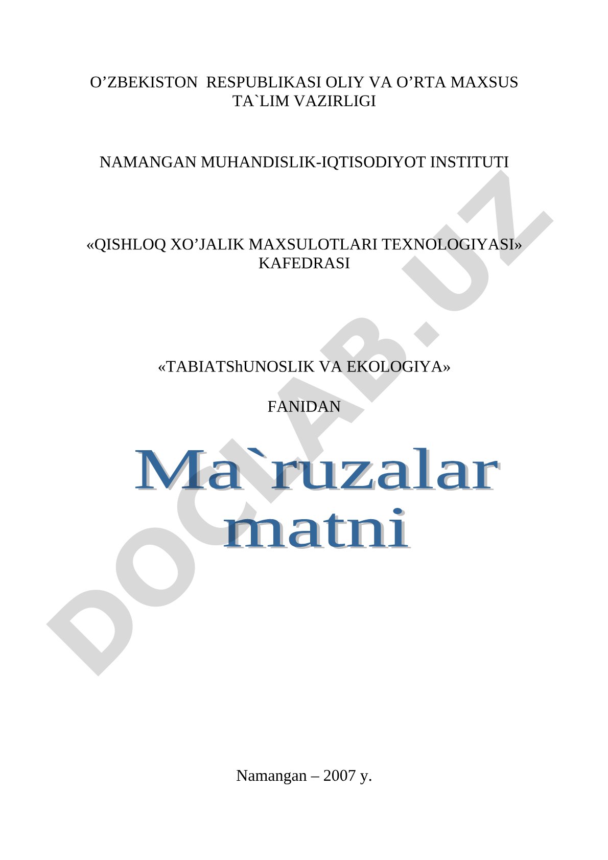 TabiatShunoslik va Ekologiya fanidan o'quv qo'llanma