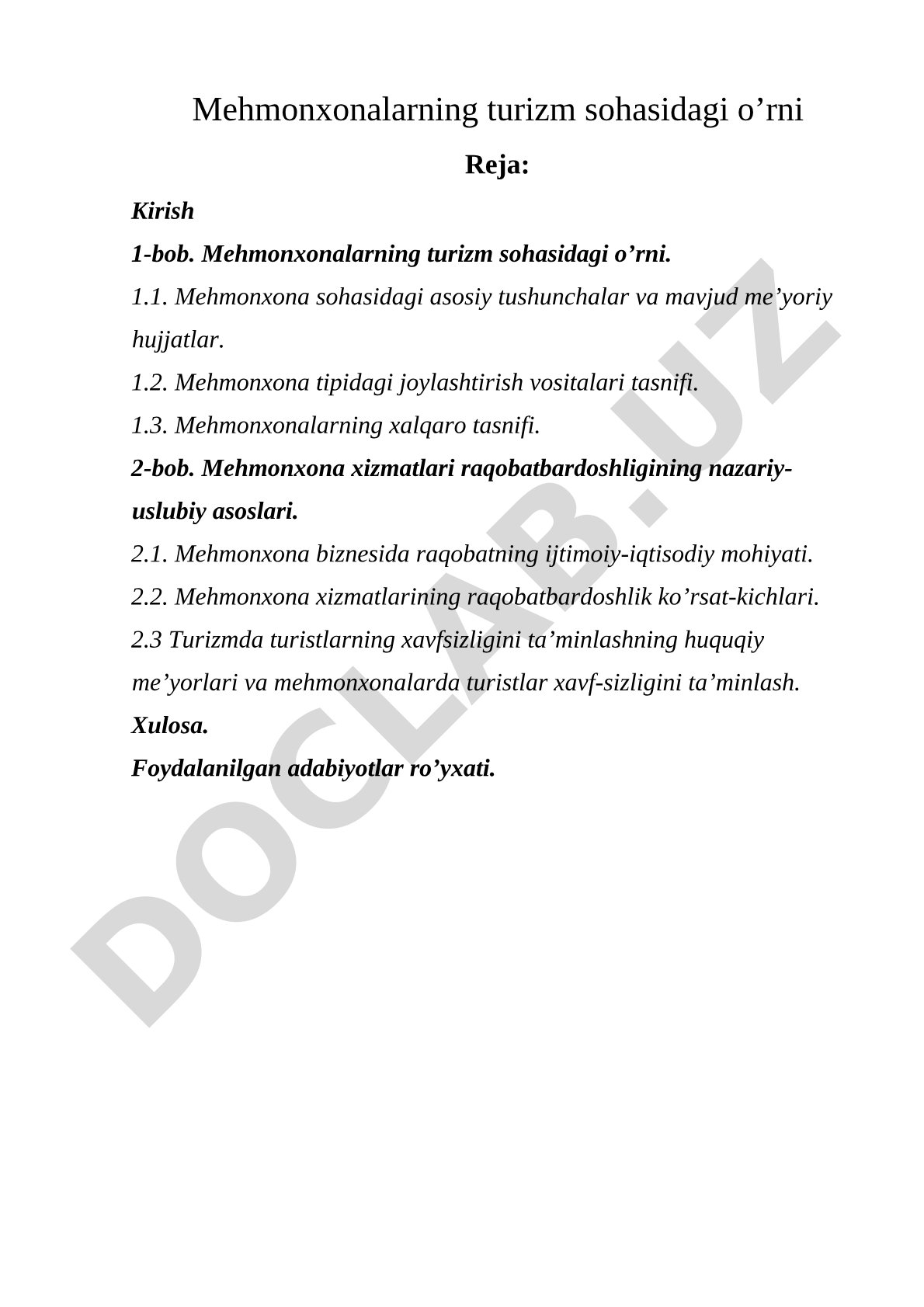 Mehmonxonalarning turizm sohasidagi o'rni