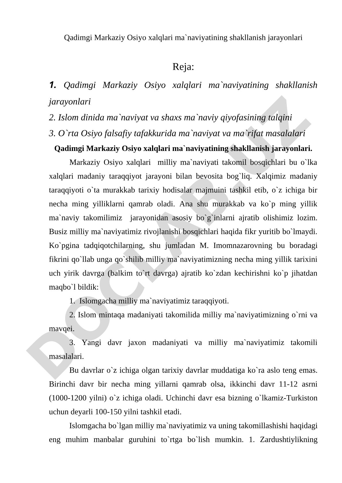 Qadimgi Markaziy Osiyo xalqlari ma'naviyatining shakllanish jarayonlari