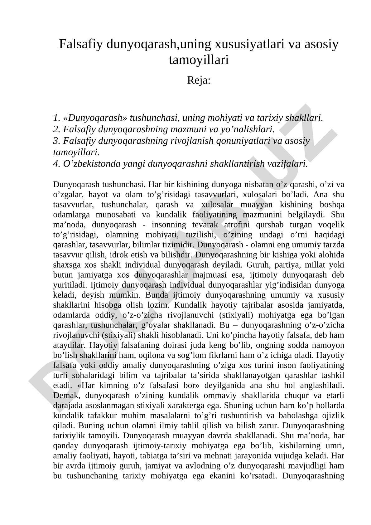 Falsafiy dunyoqarash, uning xususiyatlari va asosiy tamoyillari
