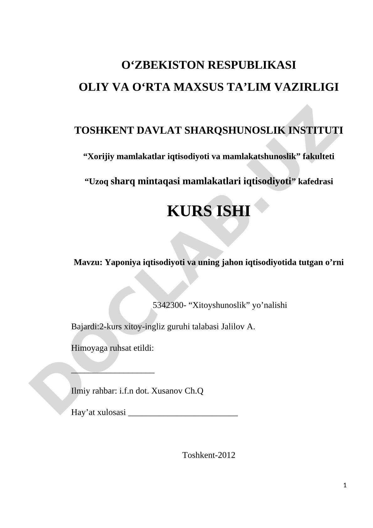 Yaponiya iqtisodiyoti va uning jahon iqtisodiyotida tutgan o'rni