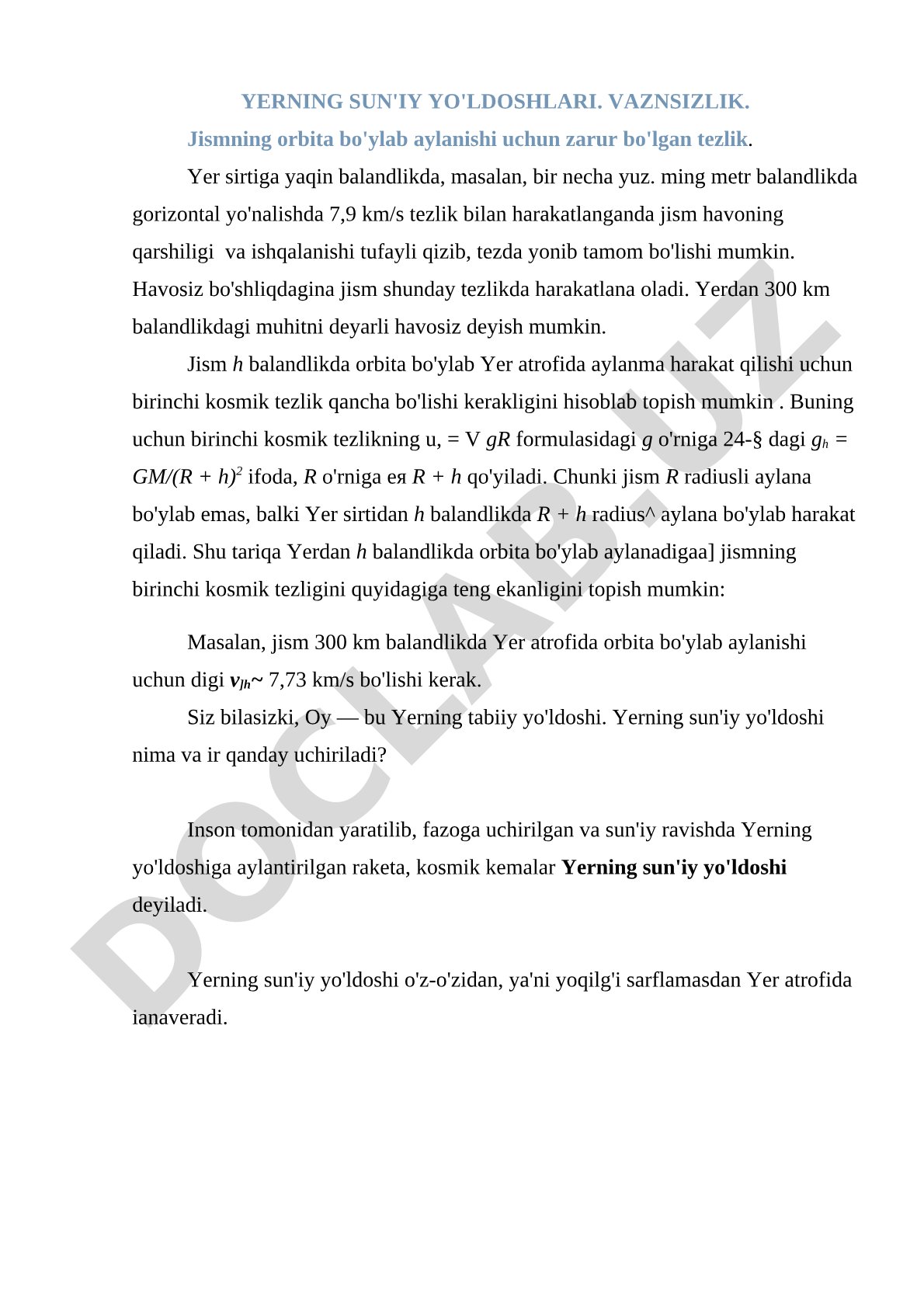 Yerning sun'iy yo'ldoshlari. Vaznsizlik