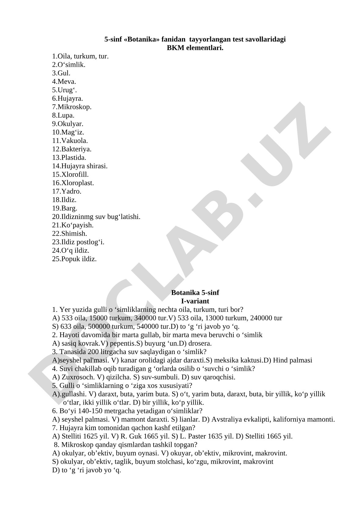 5-sinf Botanika fanidan test savollari