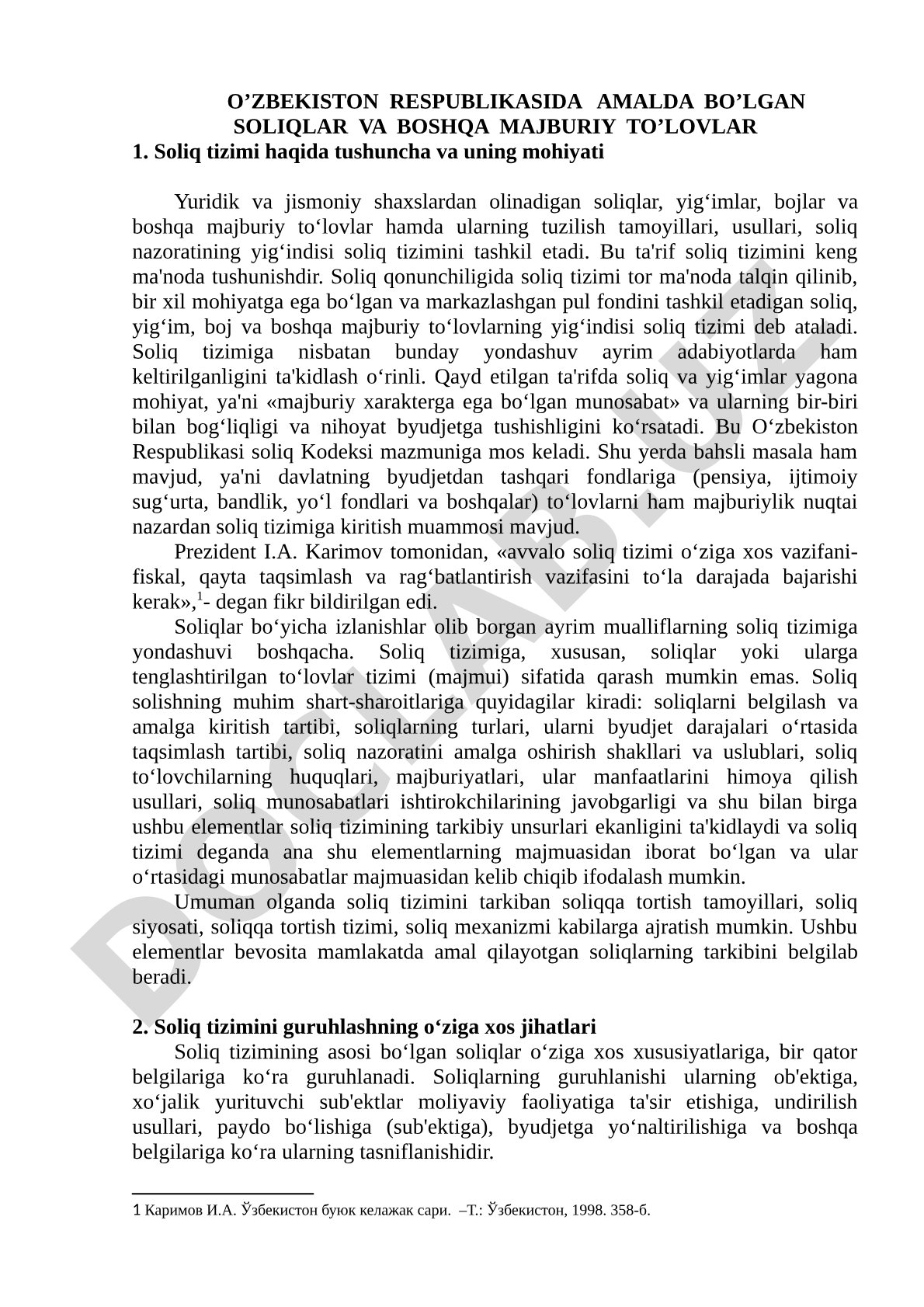 O'zbekiston Respublikasida amalda bo'lgan soliqlar va boshqa majburiy to'lovlar