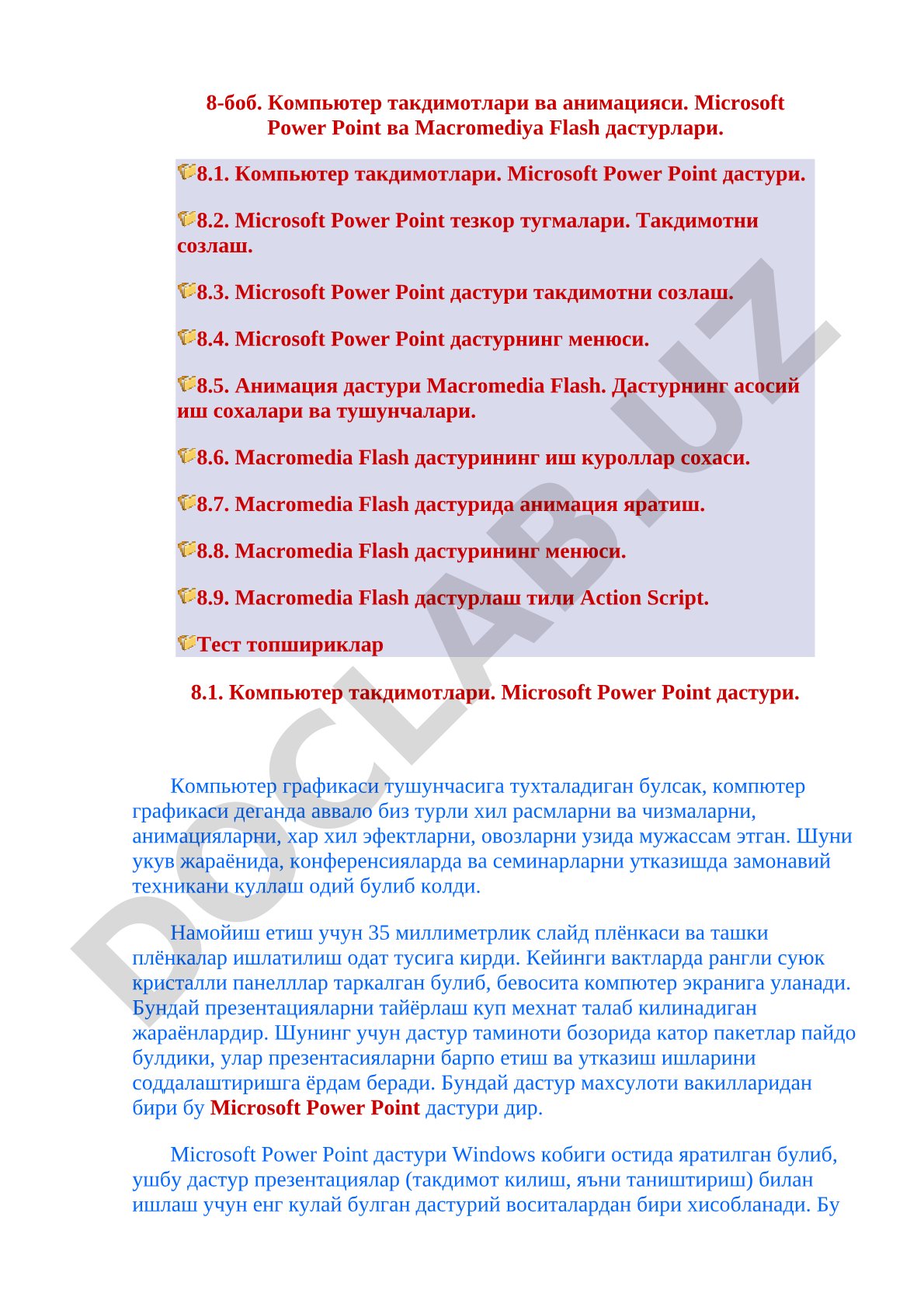 Компьютер такдимотлари ва анимацияси. Microsoft Power Point ва Macromedia Flash дастурлари