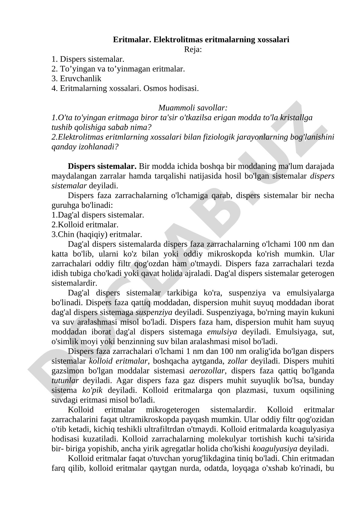 Eritmalar. Elektrolitmas eritmalarning xossalari