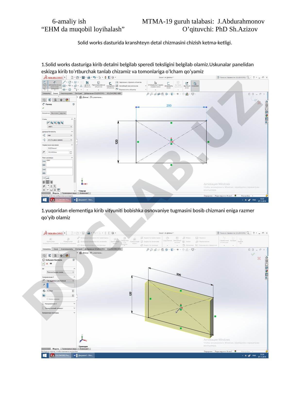 Solid Works dasturida kranshteyn detal chizmasini chizish ketma-ketligi