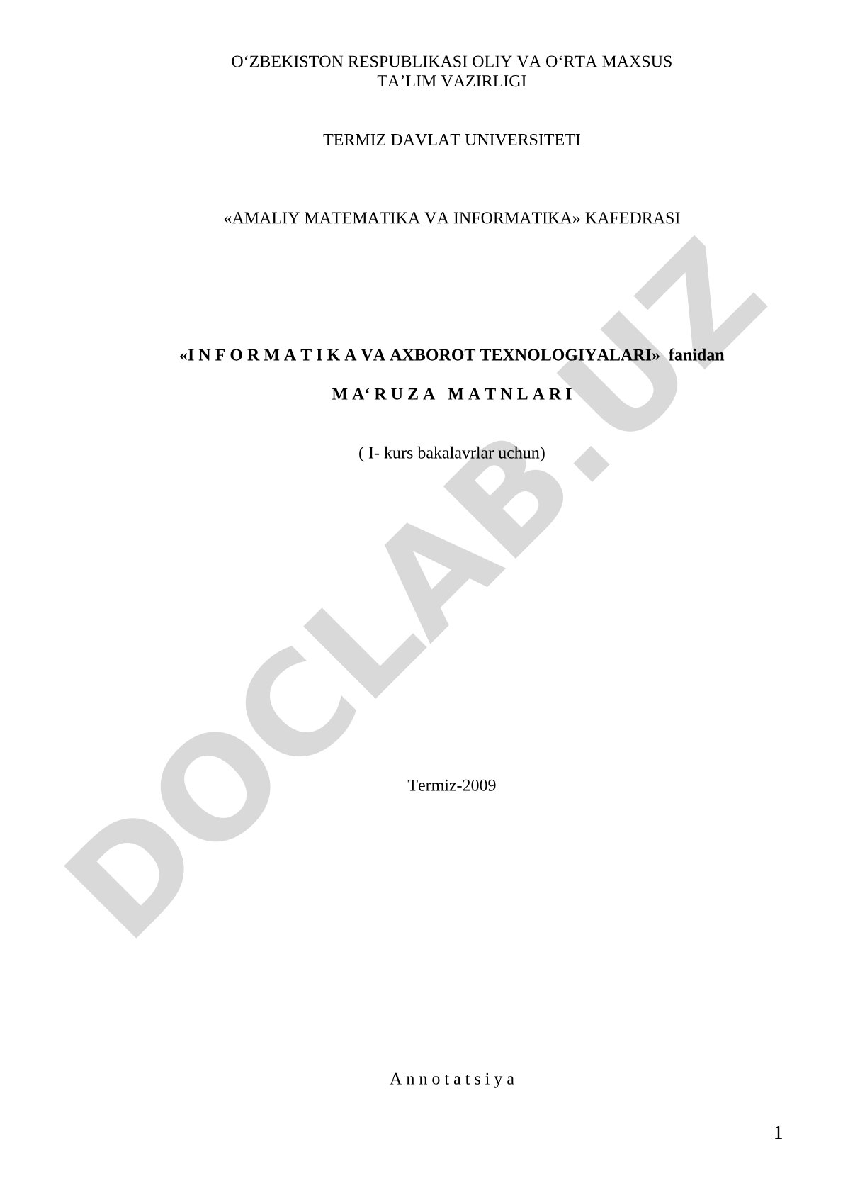 Informatika va axborot texnologiyalari fanidan ma'ruza matnlari