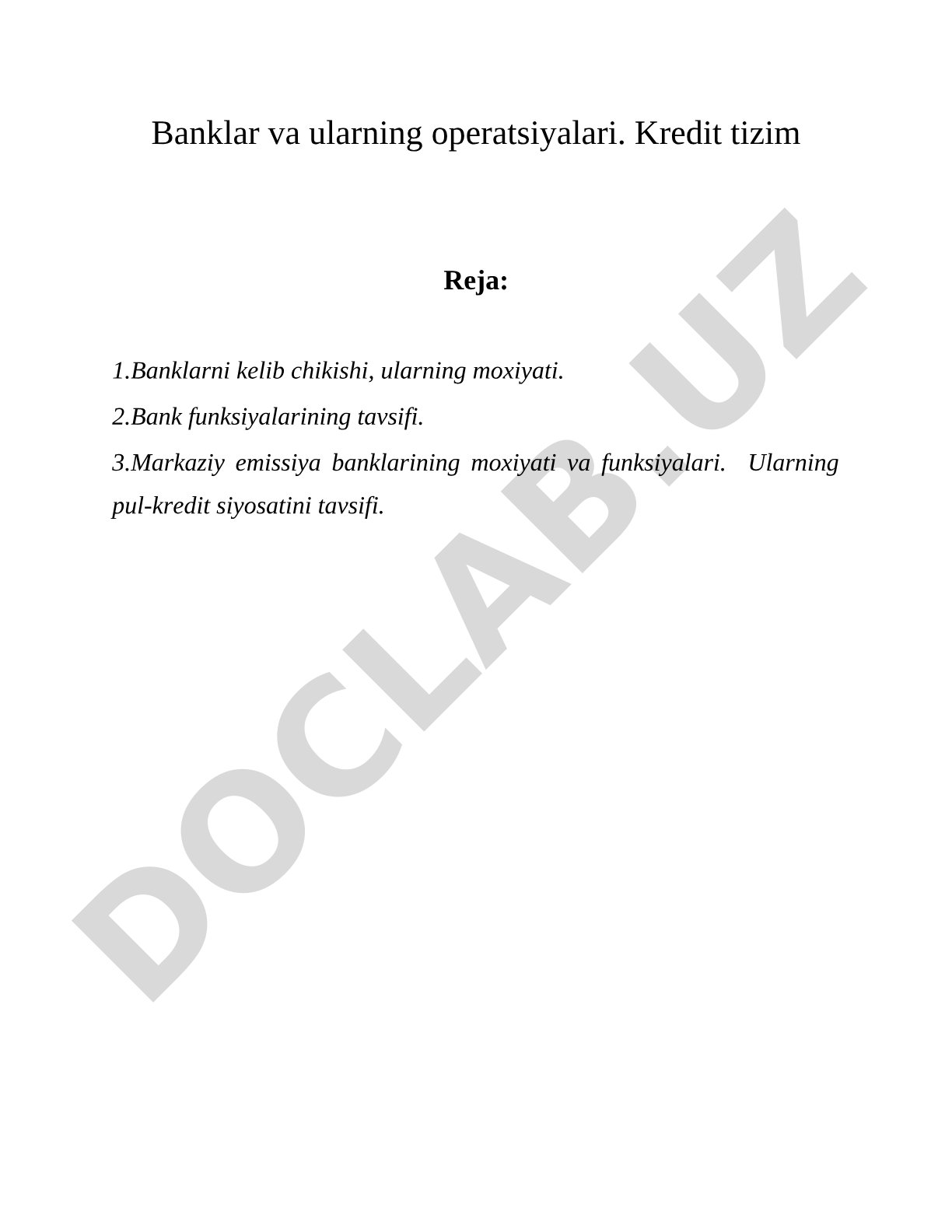 Banklar va ularning operatsiyalari. Kredit tizim