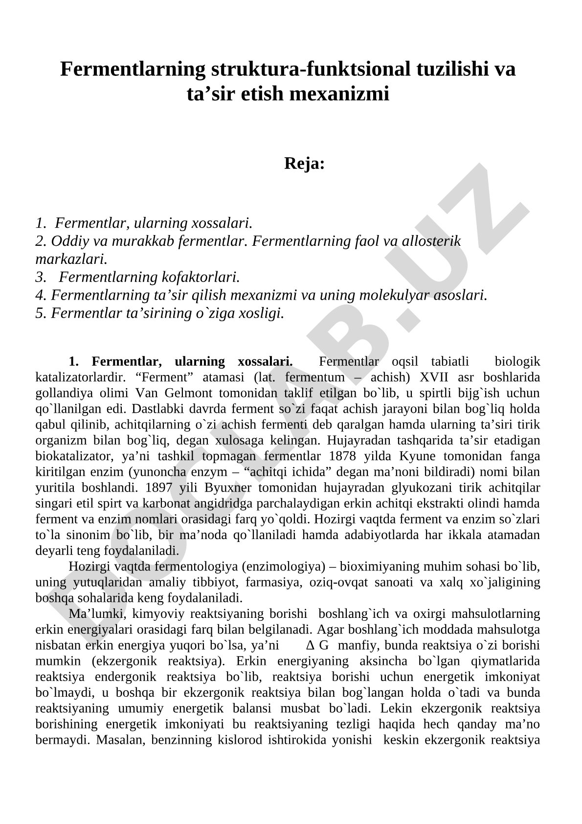 Fermentlarning struktura-funktsional tuzilishi va ta'sir etish mexanizmi