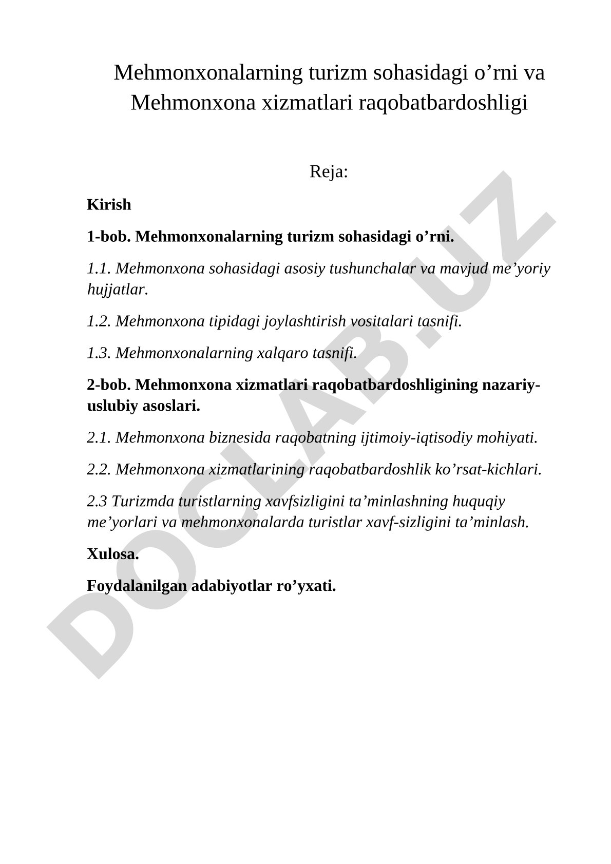 Mehmonxonalarning turizm sohasidagi o'rni va Mehmonxona xizmatlari raqobatbardoshligi