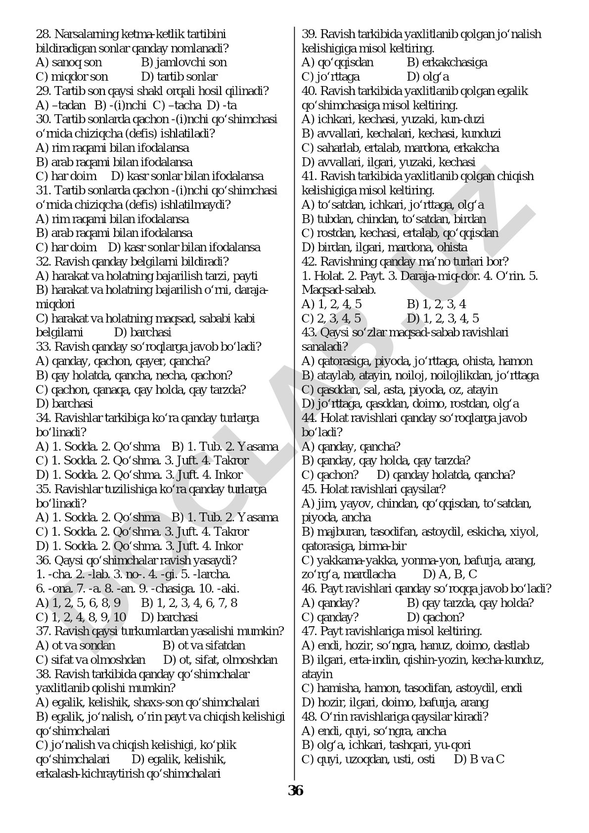 O'zbek tili test savollari