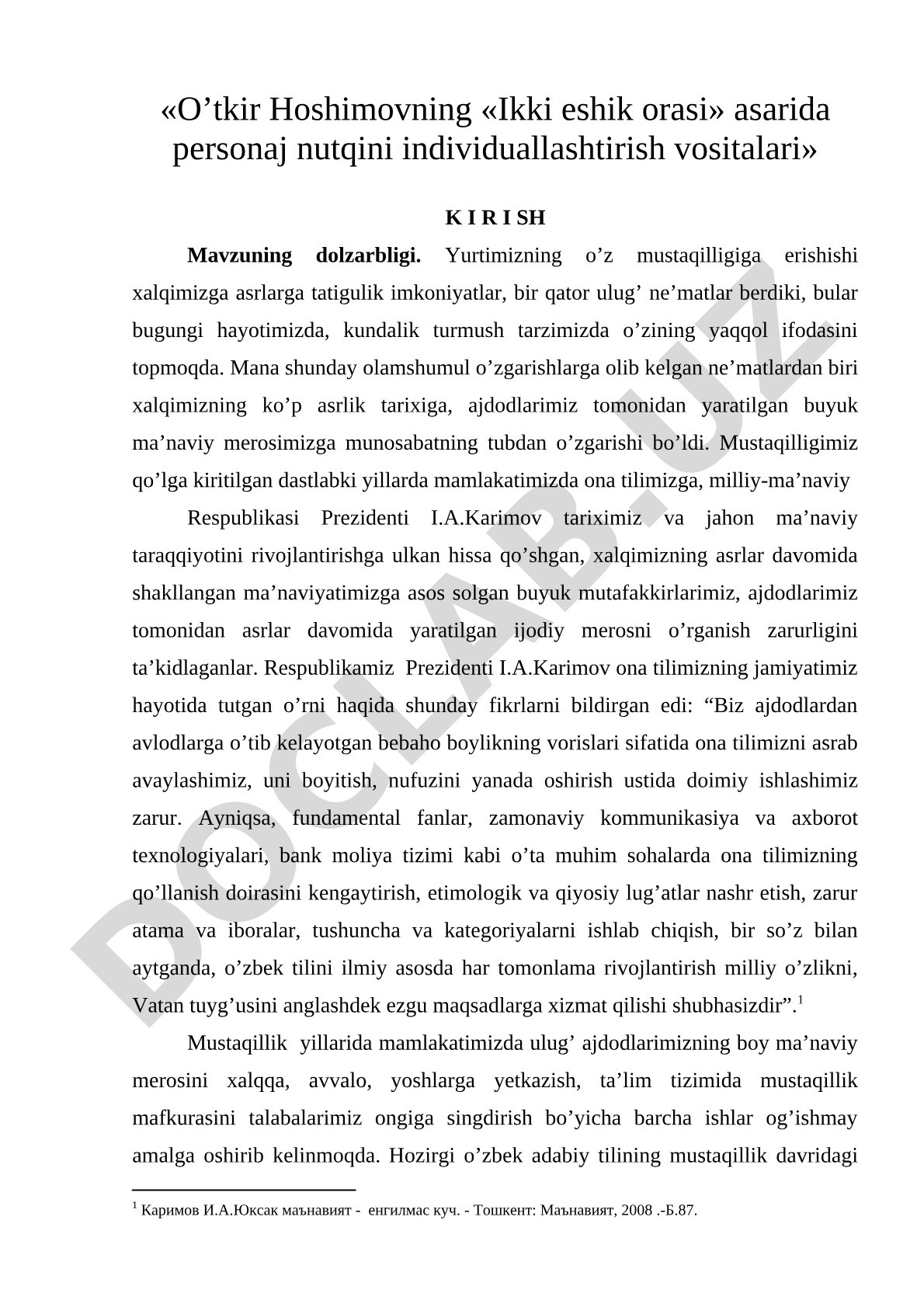 O‘tkir Hoshimovning «Ikki eshik orasi» asarida personaj nutqini individuallashtirish vositalari