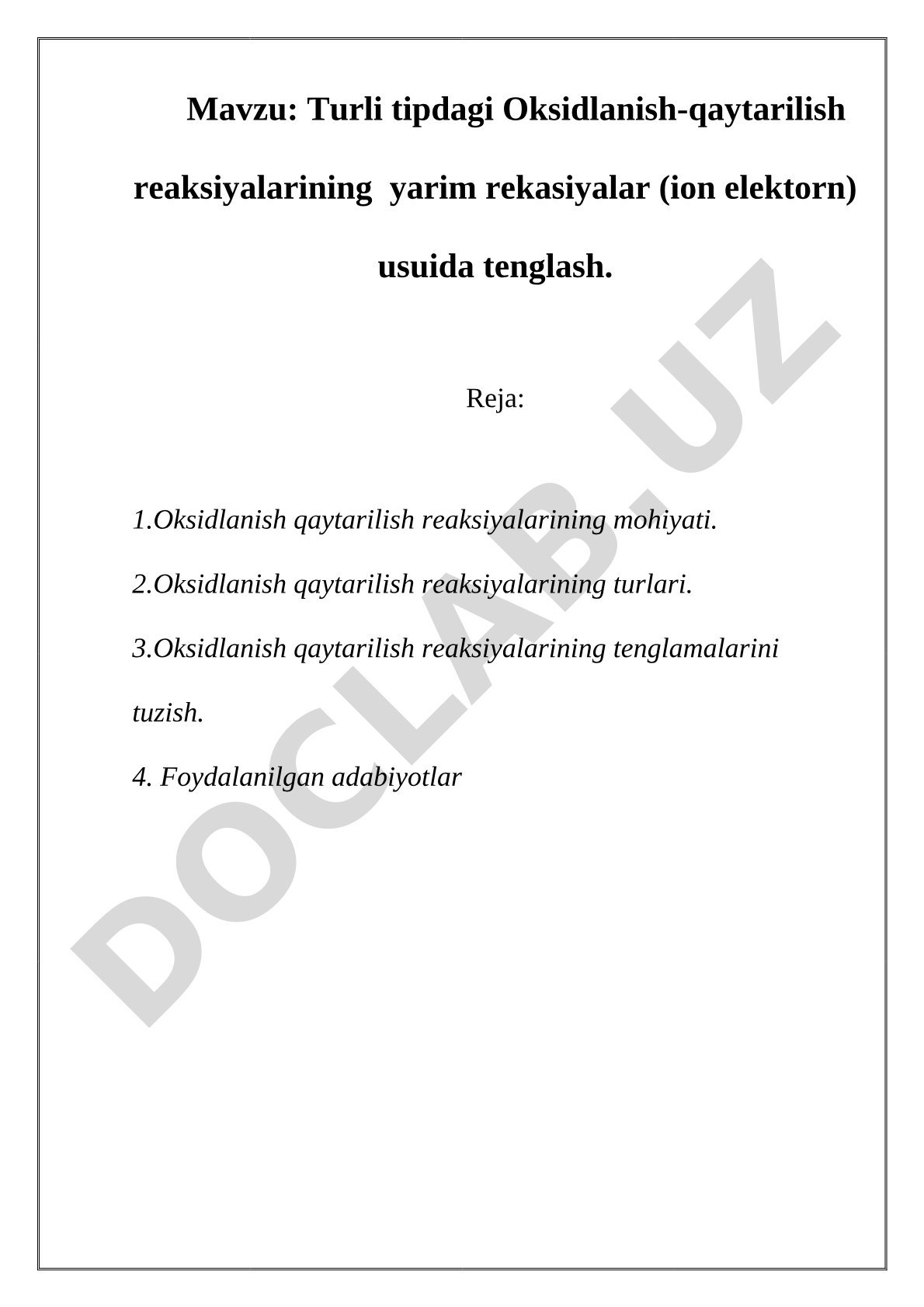 Turli tipdagi Oksidlanish-qaytarilish reaksiyalarining yarim reaksiyalar (ion elektron) usulida tenglash