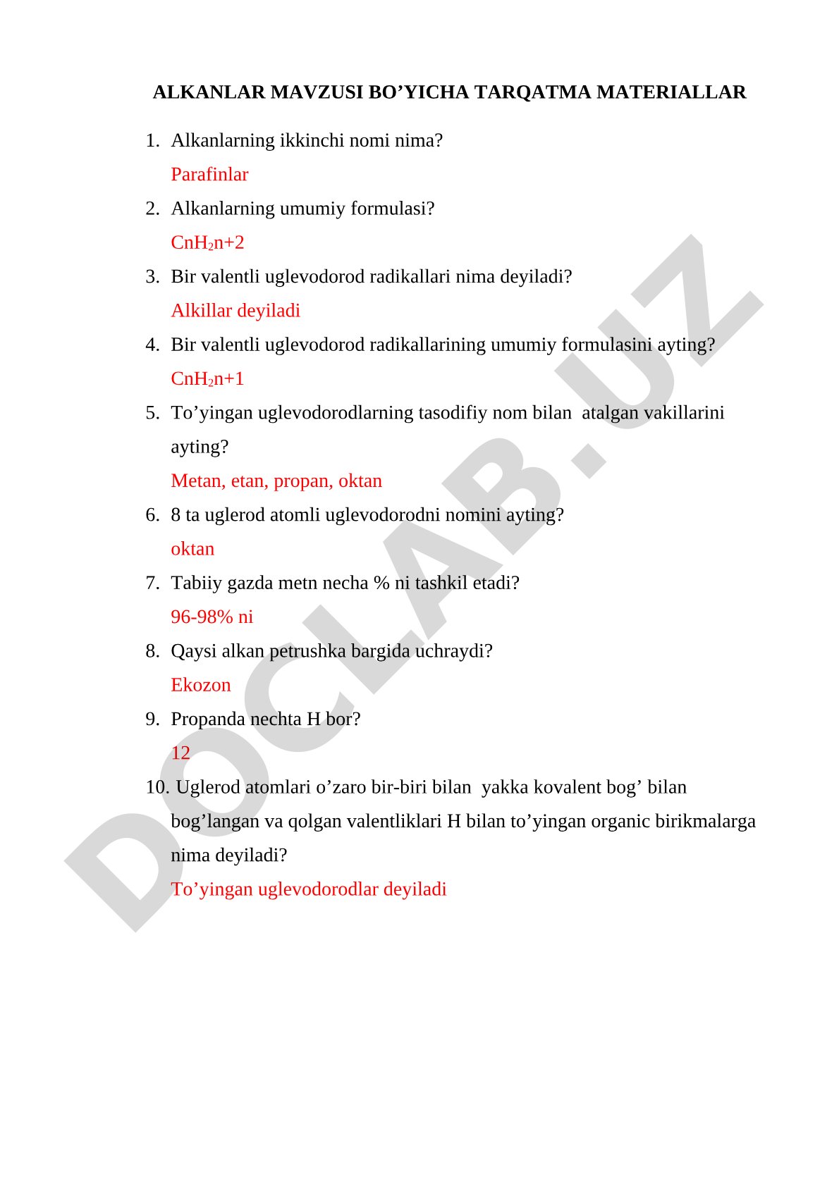 Alkanlar mavzusi bo'yicha tarqatma materiallar