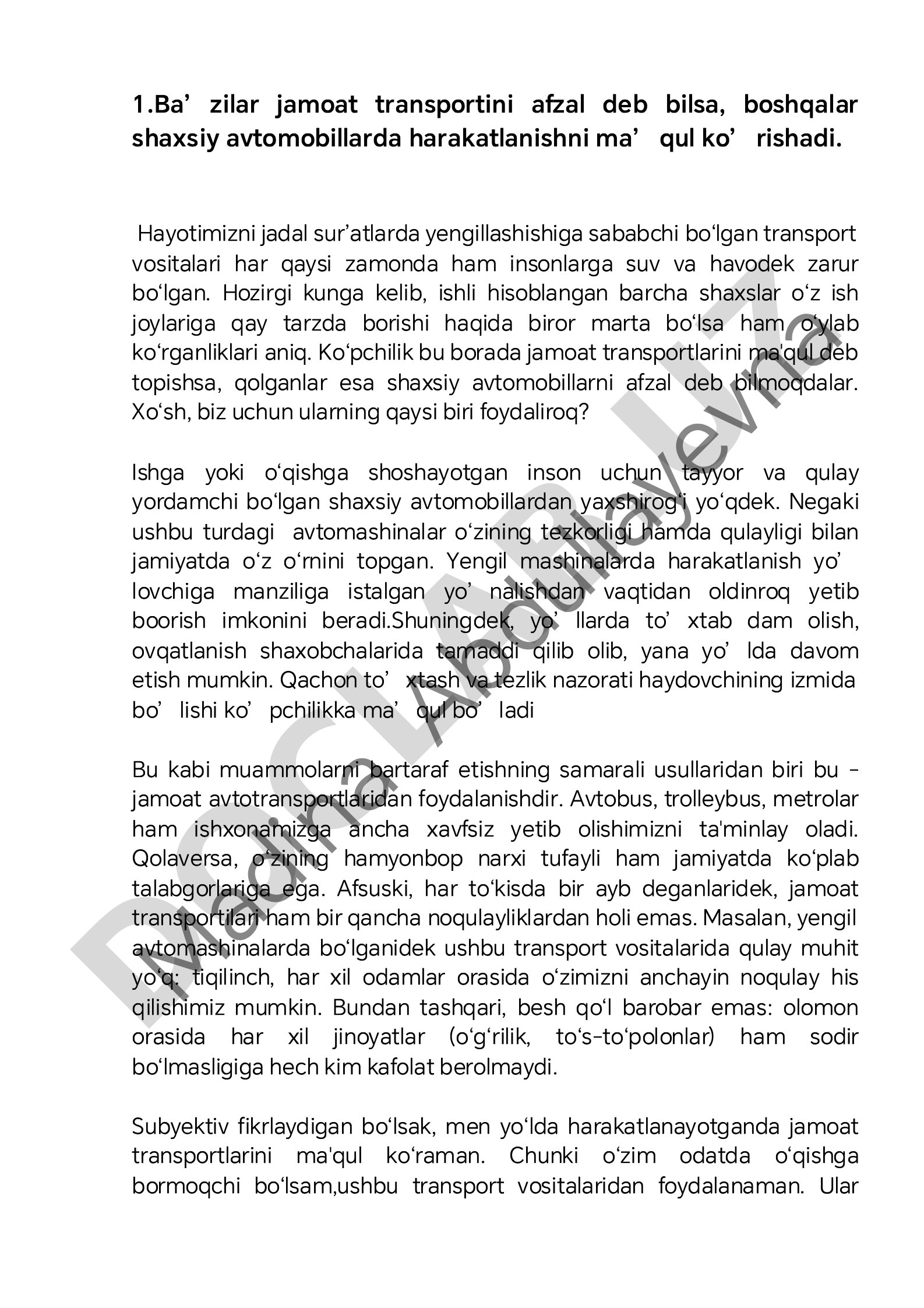 Jamoat transporti va shaxsiy avtomobillarning afzalliklari