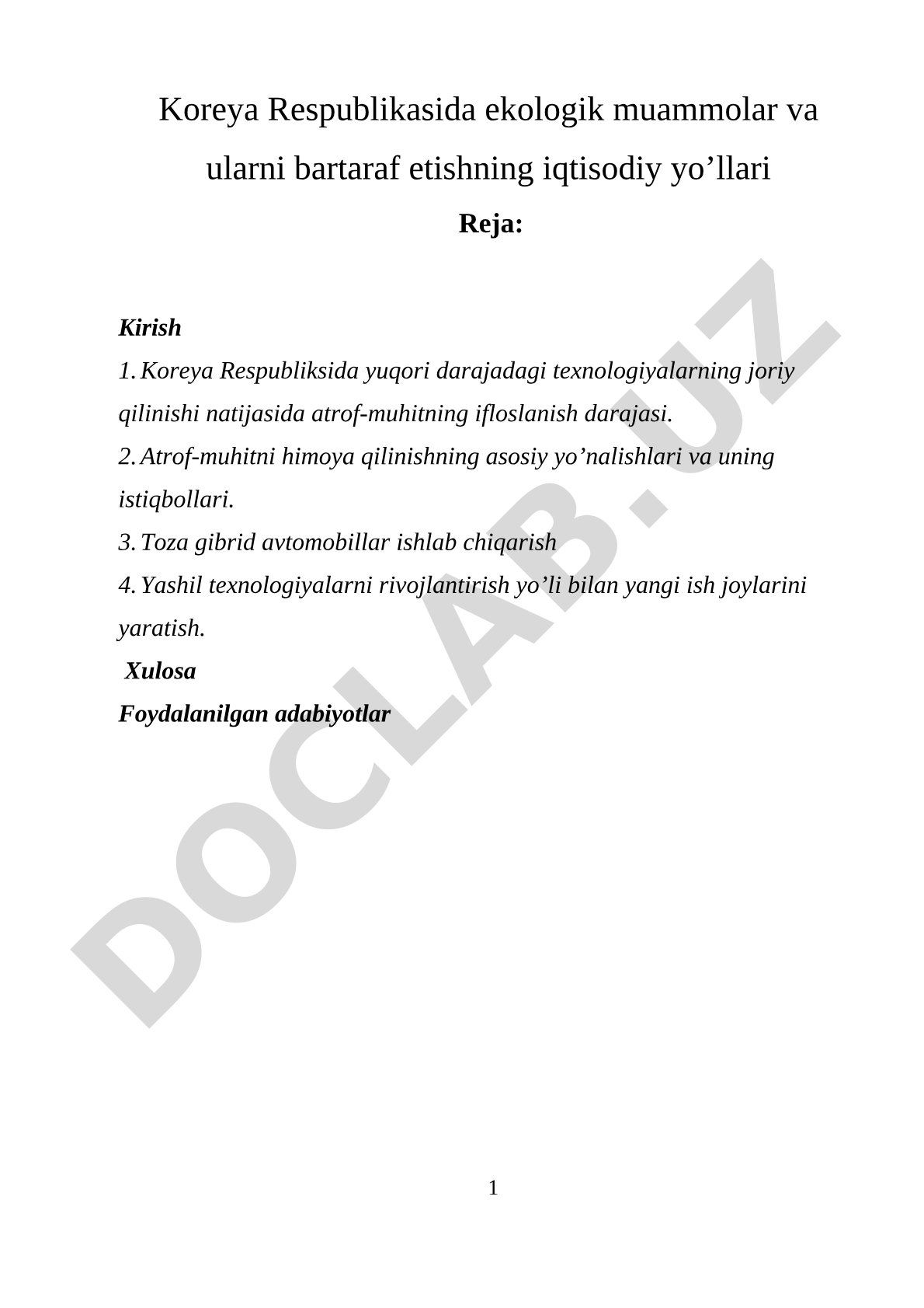 Koreya Respublikasida ekologik muammolar va ularni bartaraf etishning iqtisodiy yo’llari