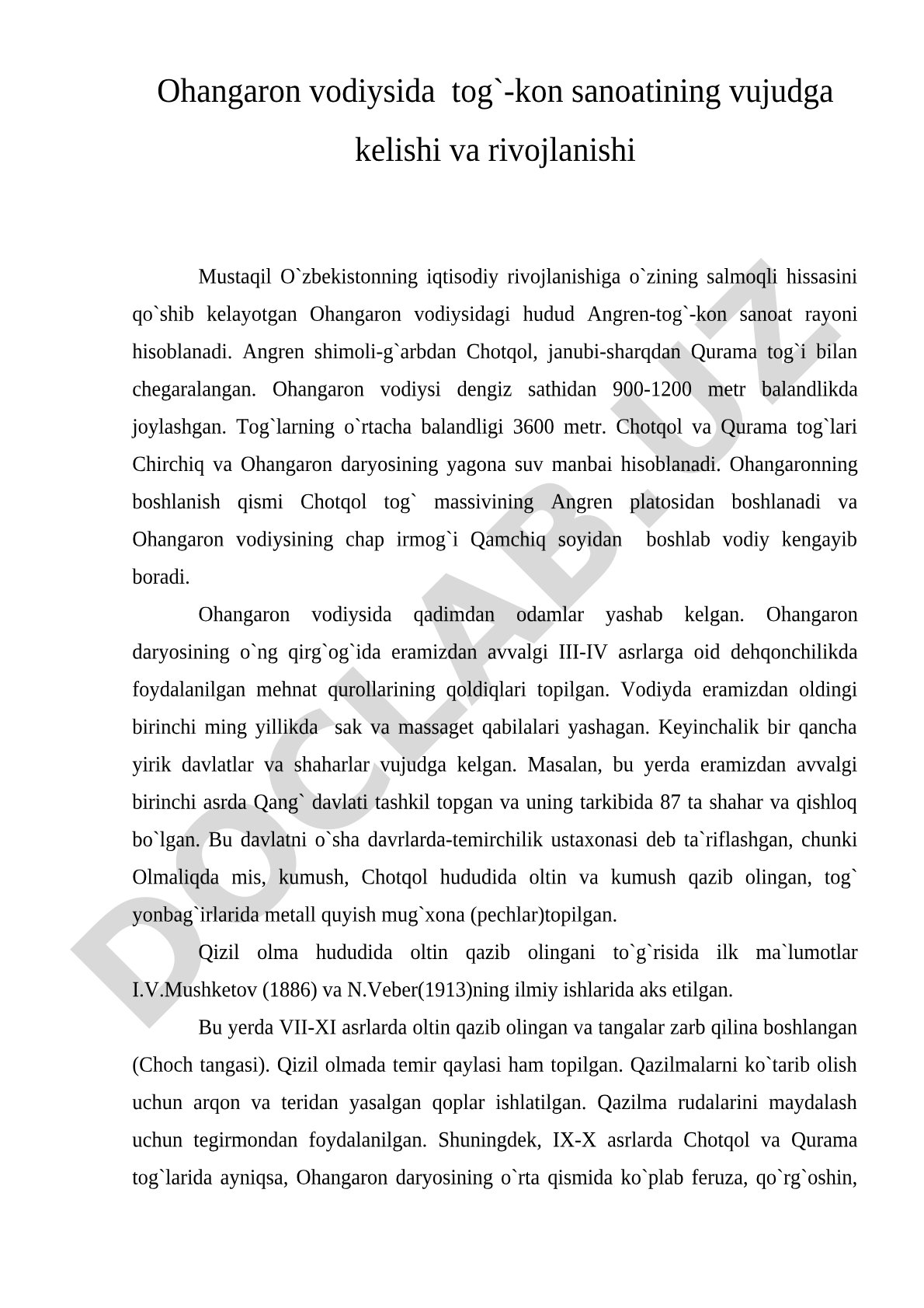 Ohangaron vodiysida tog'-kon sanoatining vujudga kelishi va rivojlanishi