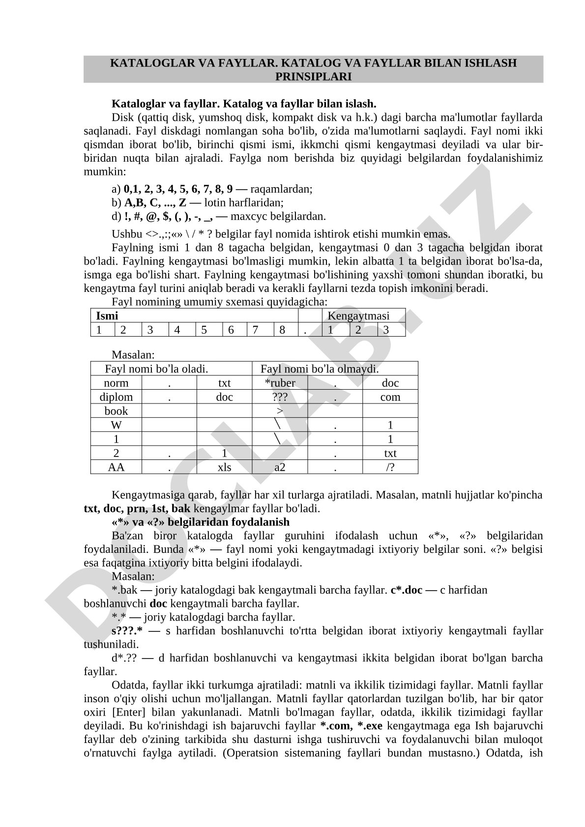 Kataloglar va fayllar bilan ishlash prinsiplari