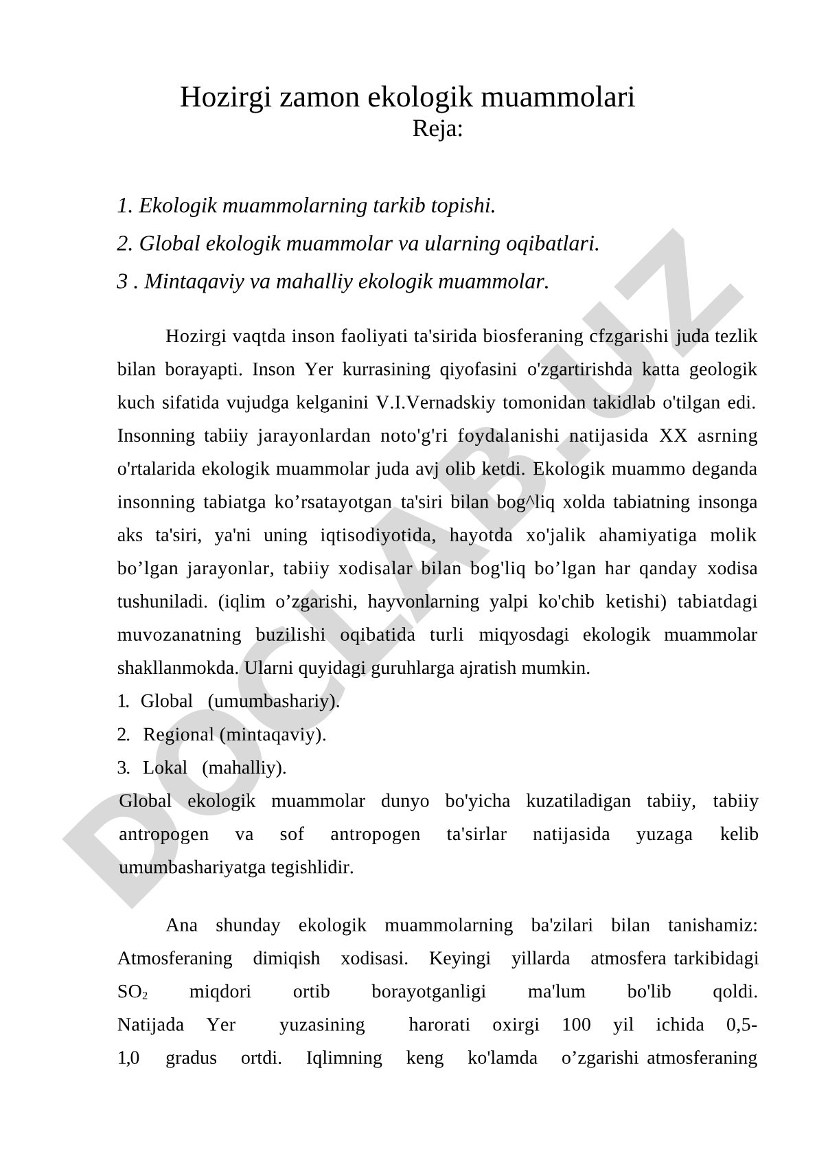 Hozirgi zamon ekologik muammolari