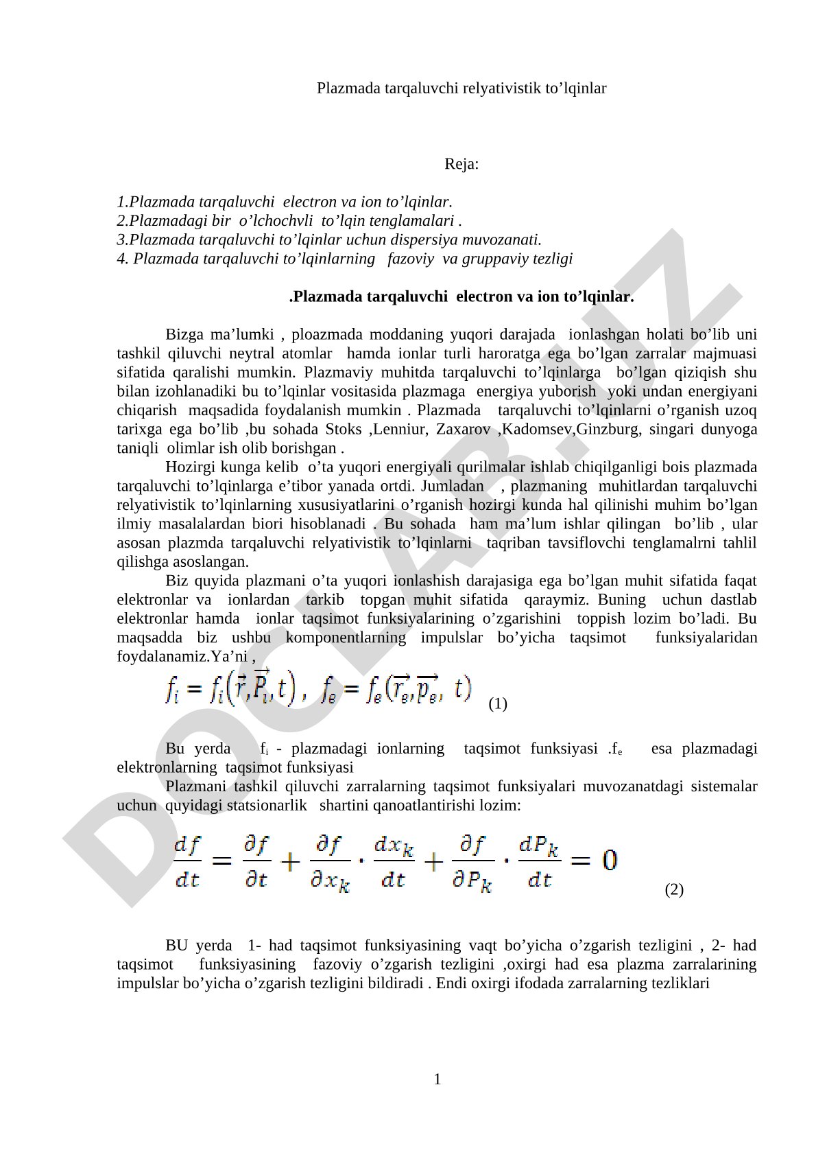 Plazmada tarqaluvchi relyativistik to'lqinlar