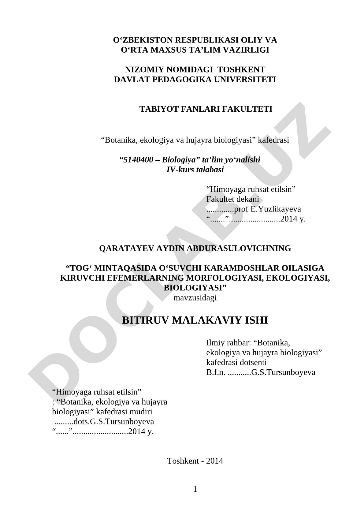 Tog' mintaqasida o'suvchi karamdoshilar oilasiga kiruvchi efemerlarning morfologiyasi, ekologiyasi, biologiyasi