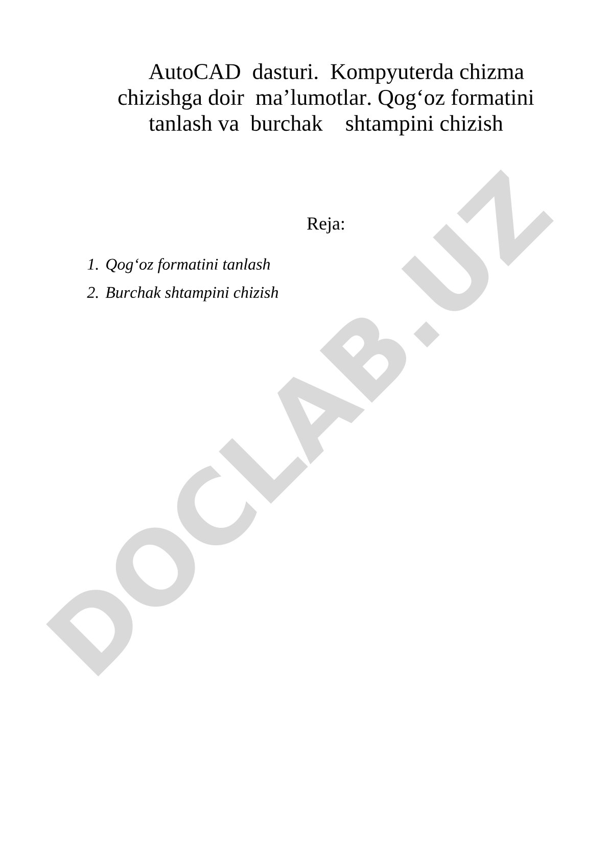 AutoCAD dasturida qog'oz formatini tanlash va burchak shtampini chizish