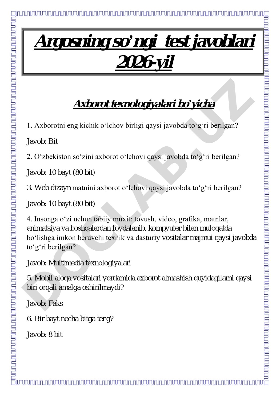 Axborot texnologiyalari bo'yicha test javoblari