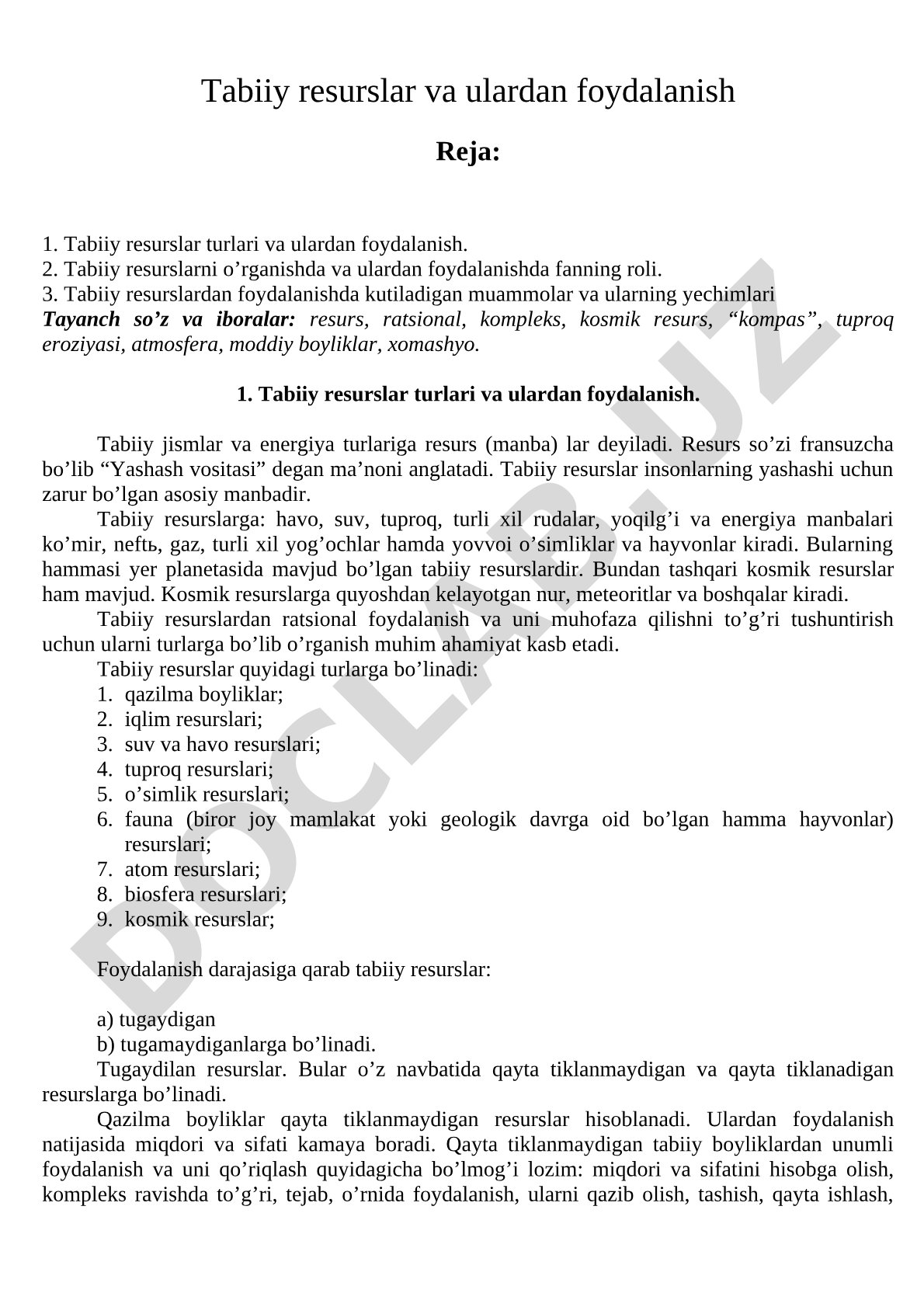 Tabiiy resurslar va ulardan foydalanish