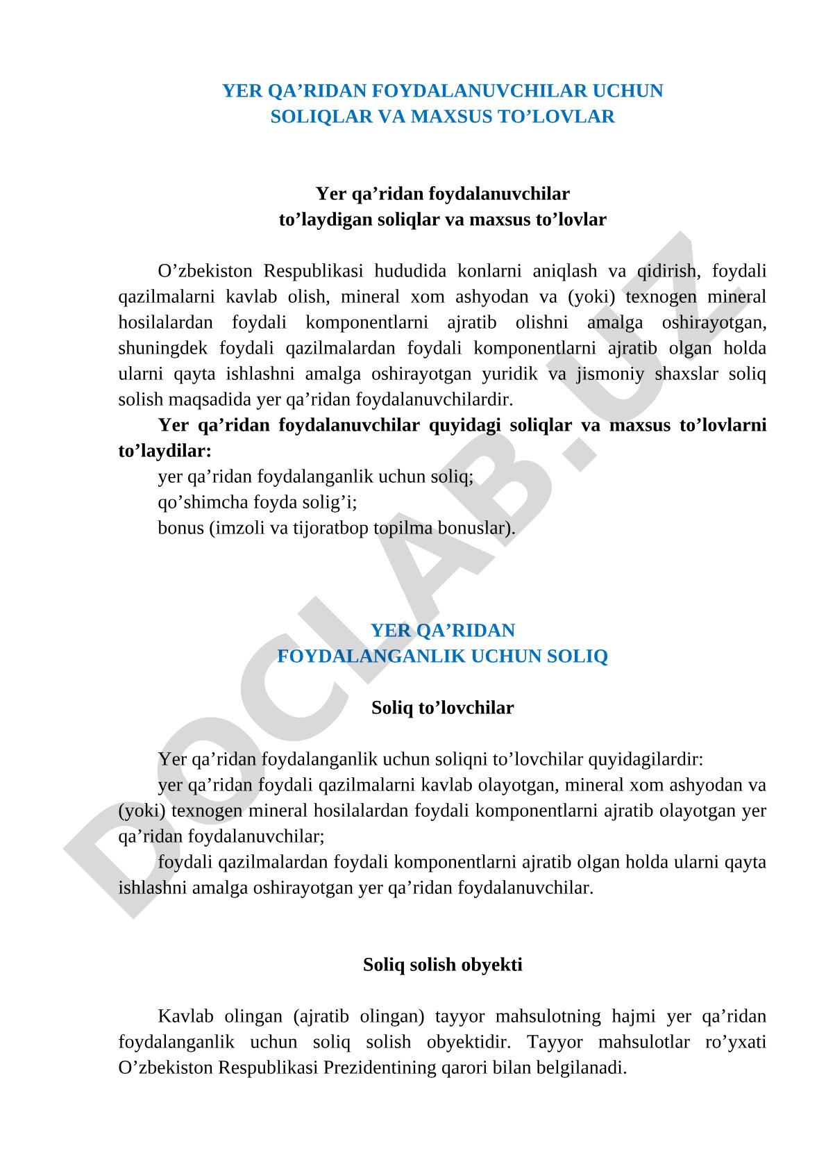 Yer qa'ridan foydalanuvchilar uchun soliqlar va maxsus to'lovlar