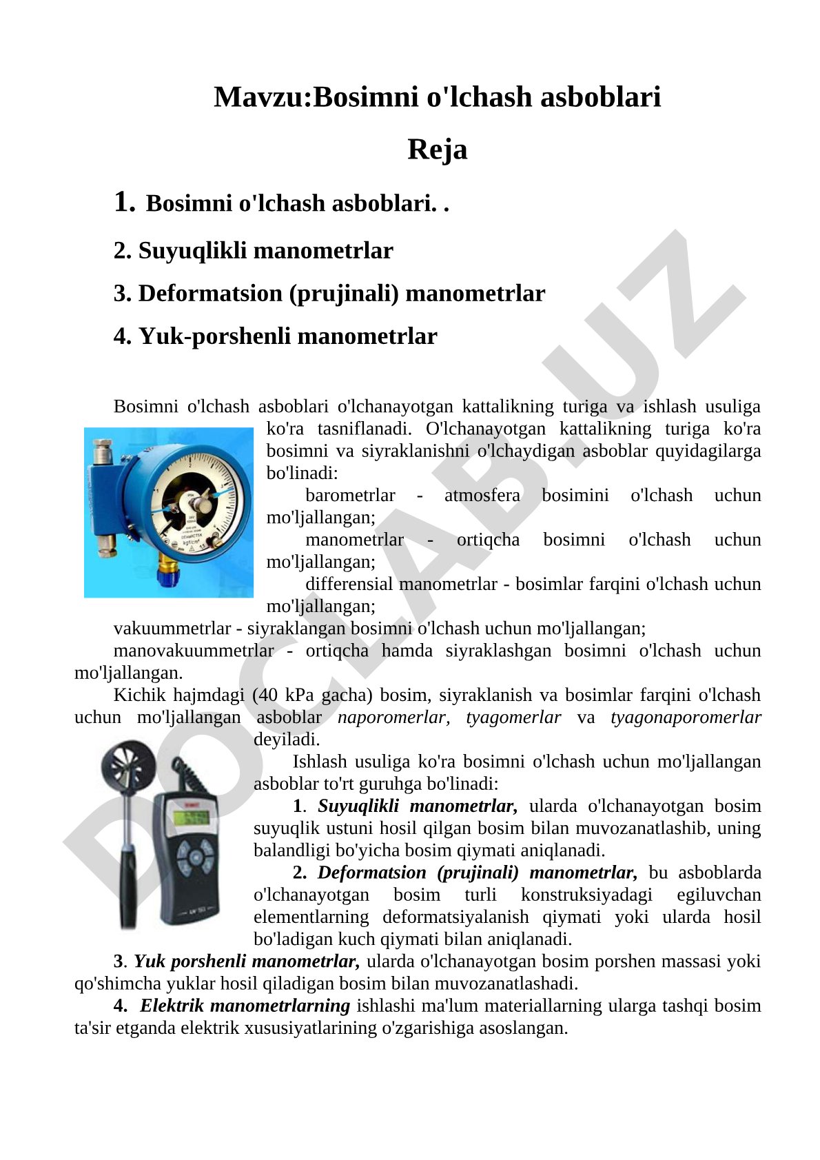 Bosimni o'lchash asboblari