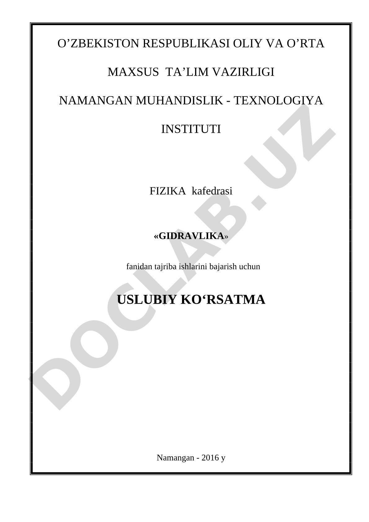 Gidravlika fanidan tajriba ishlarini bajarish uchun uslubiy ko'rsatma
