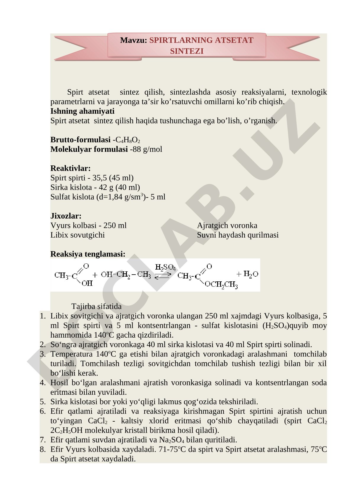 Spirtlarning atsetat sintezi