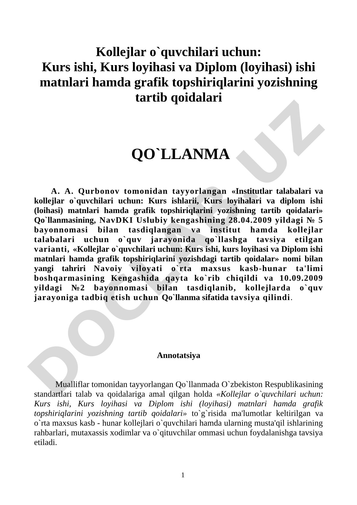 Kollejlar o'quvchilari uchun kurs ishi, kurs loyihasi va diplom ishi matnlari hamda grafik topshiriqlarini yozish tartib qoidalari