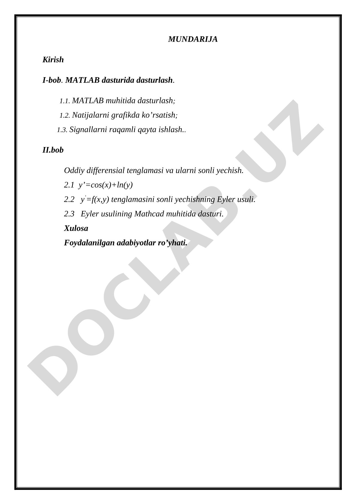 MATLAB dasturida dasturlash va oddiy differensial tenglamalarni sonli yechish