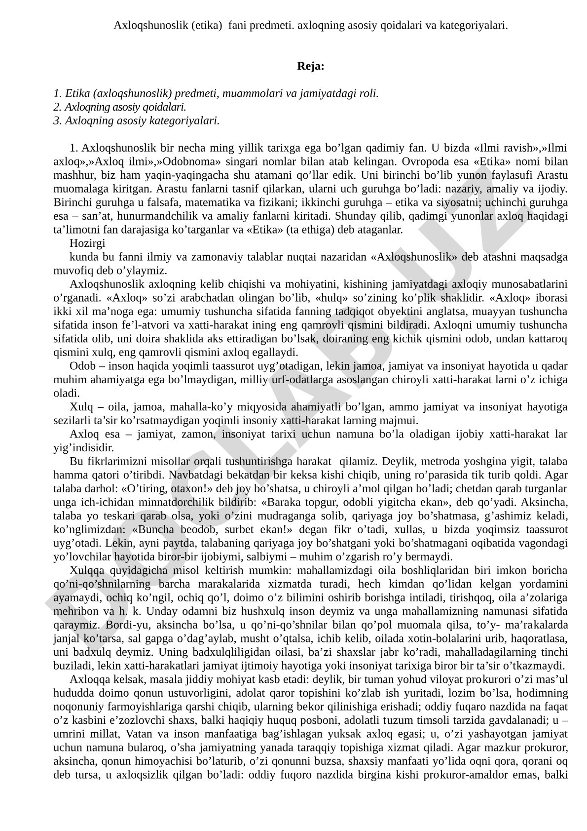 Axloqshunoslik (etika) fani predmeti, axloqning asosiy qoidalari va kategoriyalari