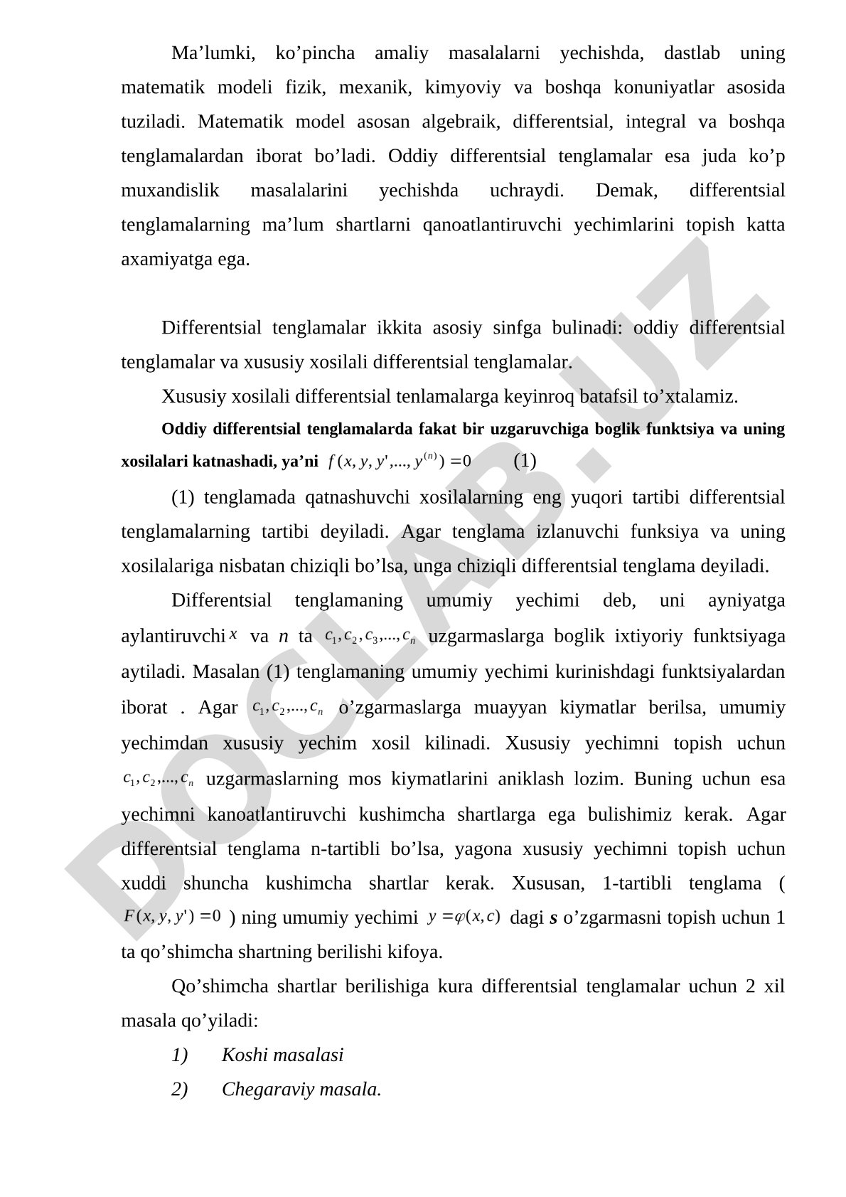 Oddiy differentsial tenglamalar va ularning yechimlari