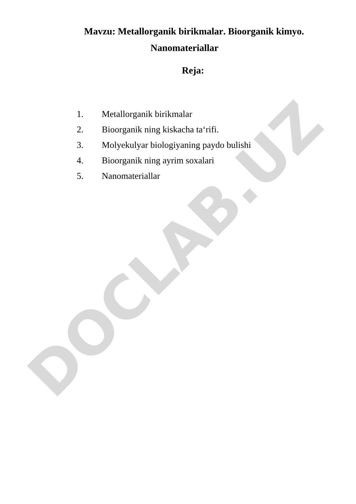 Metallorganik birikmalar. Bioorganik kimyo. Nanomateriallar