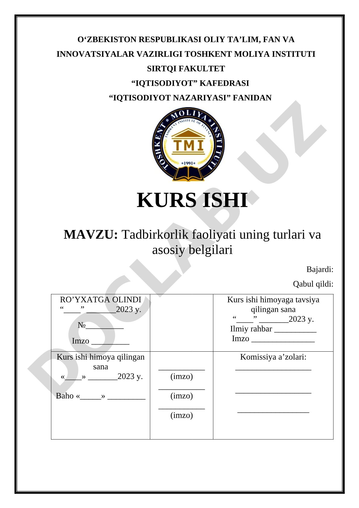Tadbirkorlik faoliyati uning turlari va asosiy belgilari