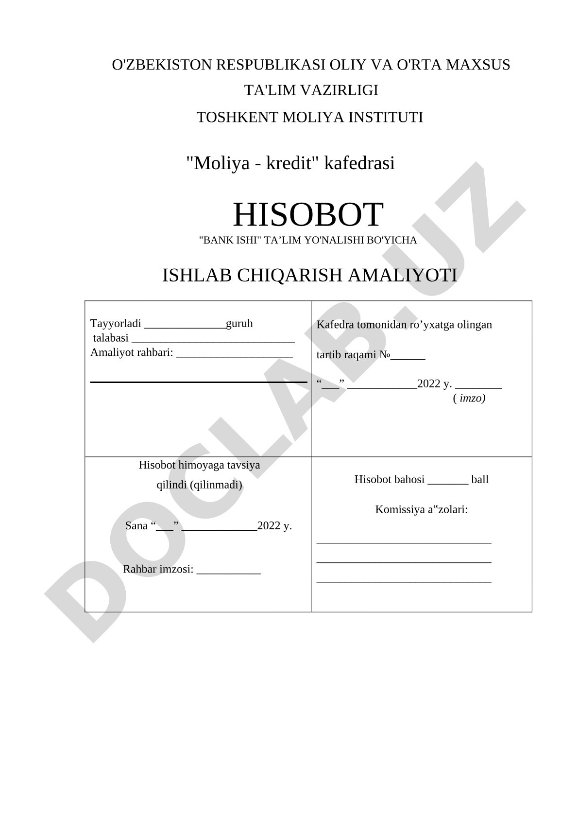 Bank ishi ta'lim yo'nalishi bo'yicha ishlab chiqarish amaliyoti hisoboti