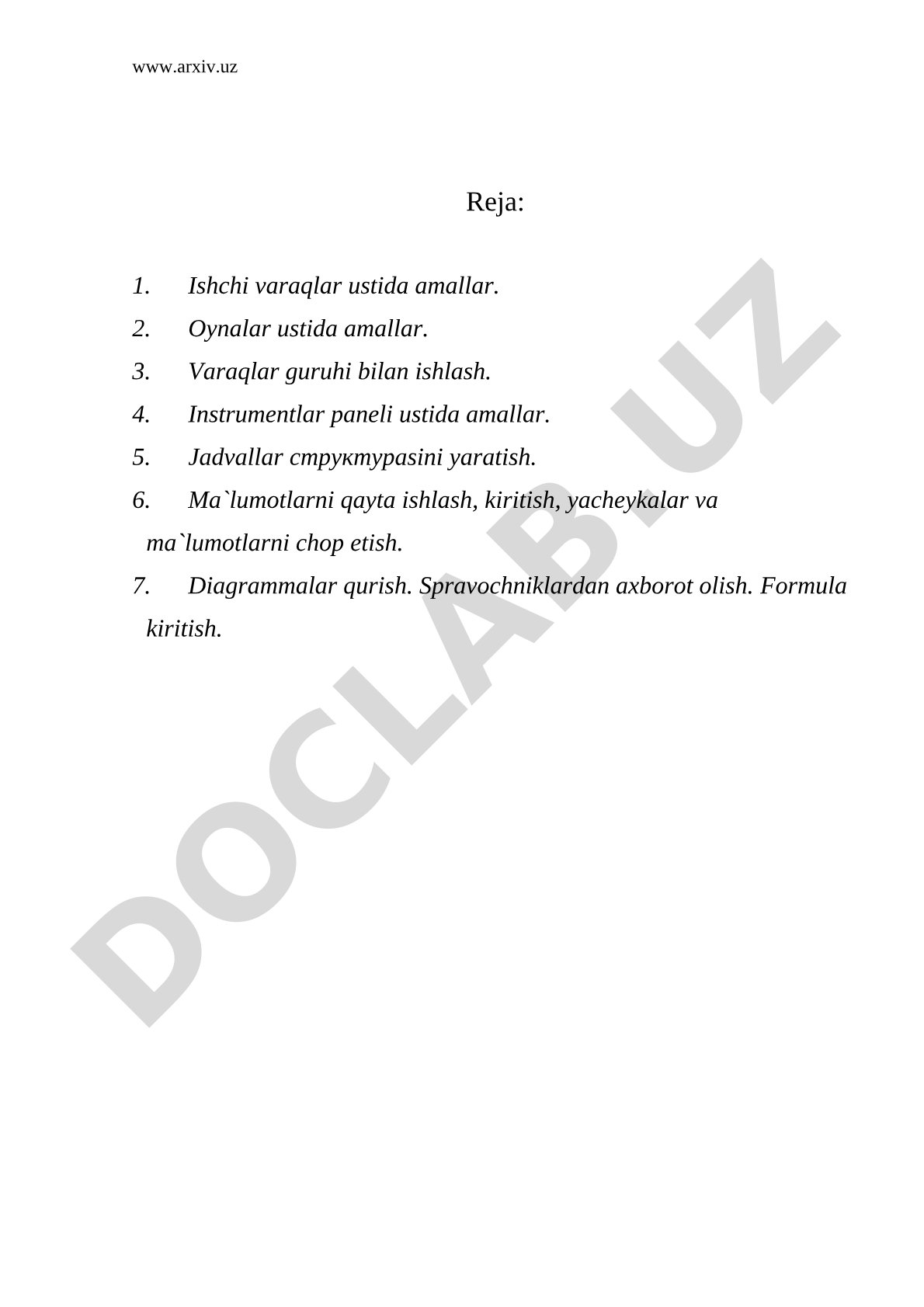 Microsoft Excel dasturida ishchi varaqlar va jadvallar bilan ishlash