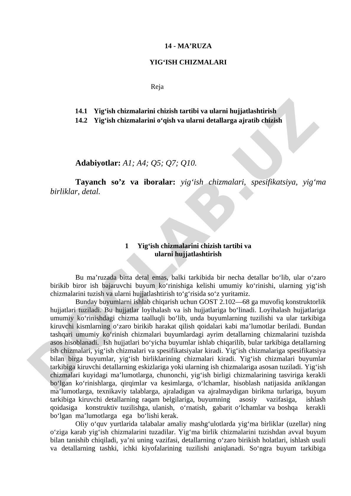 Yig'ish chizmalarini chizish tartibi va ularni hujjatlashtirish