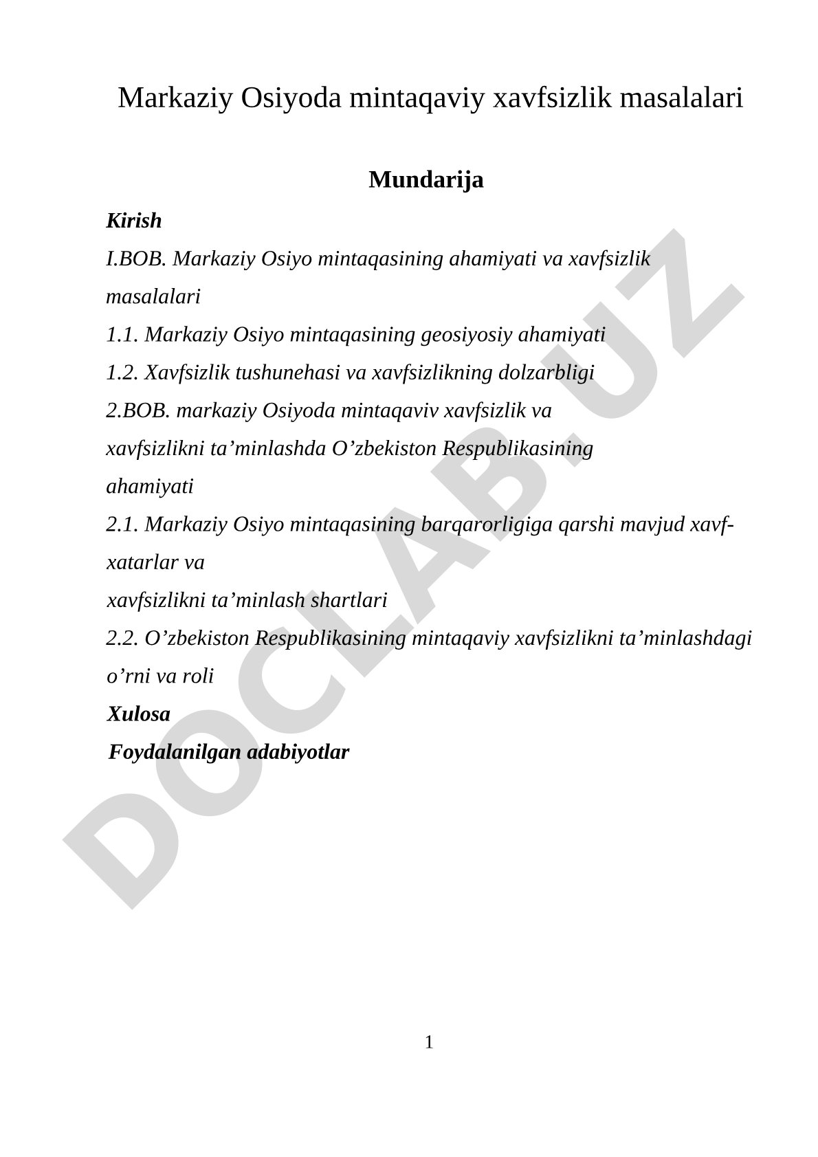 Markaziy Osiyoda mintaqaviy xavfsizlik masalalari