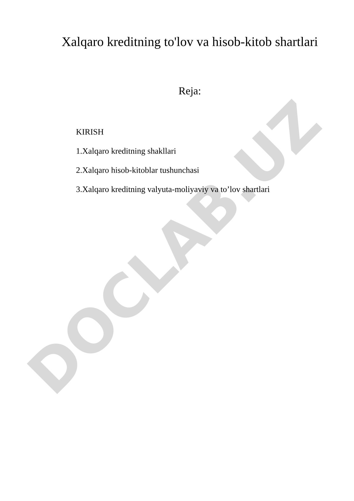 Xalqaro kreditning to'lov va hisob-kitob shartlari