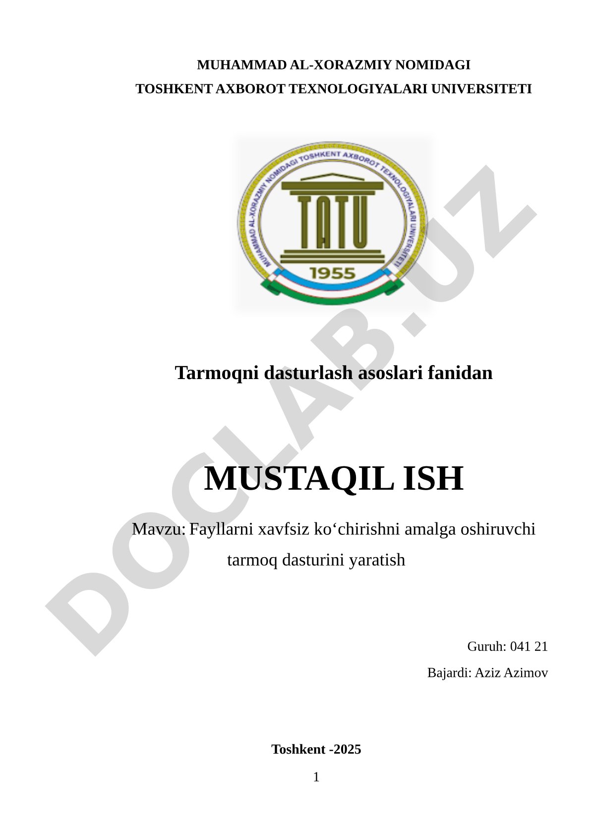 Fayllarni xavfsiz koʻchirishni amalga oshiruvchi tarmoq dasturini yaratish
