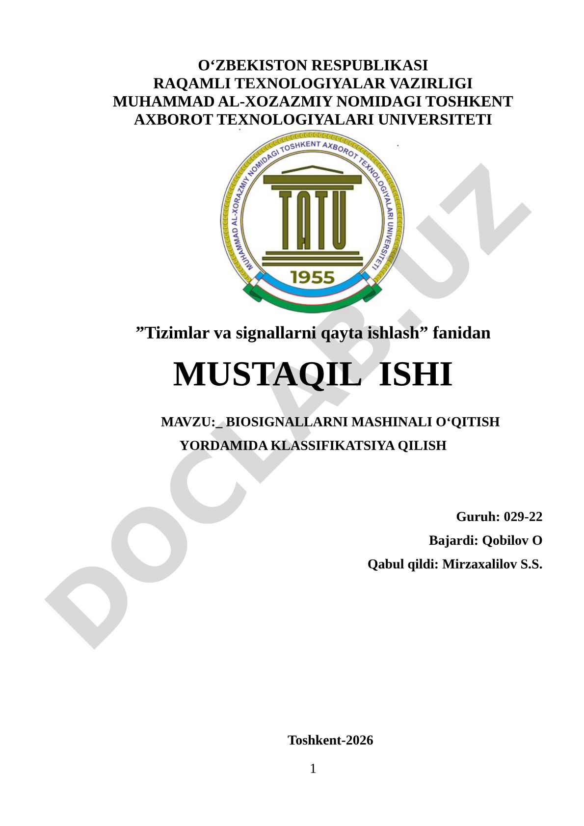 Biosignallarni mashinali o‘qitish yordamida klassifikatsiya qilish