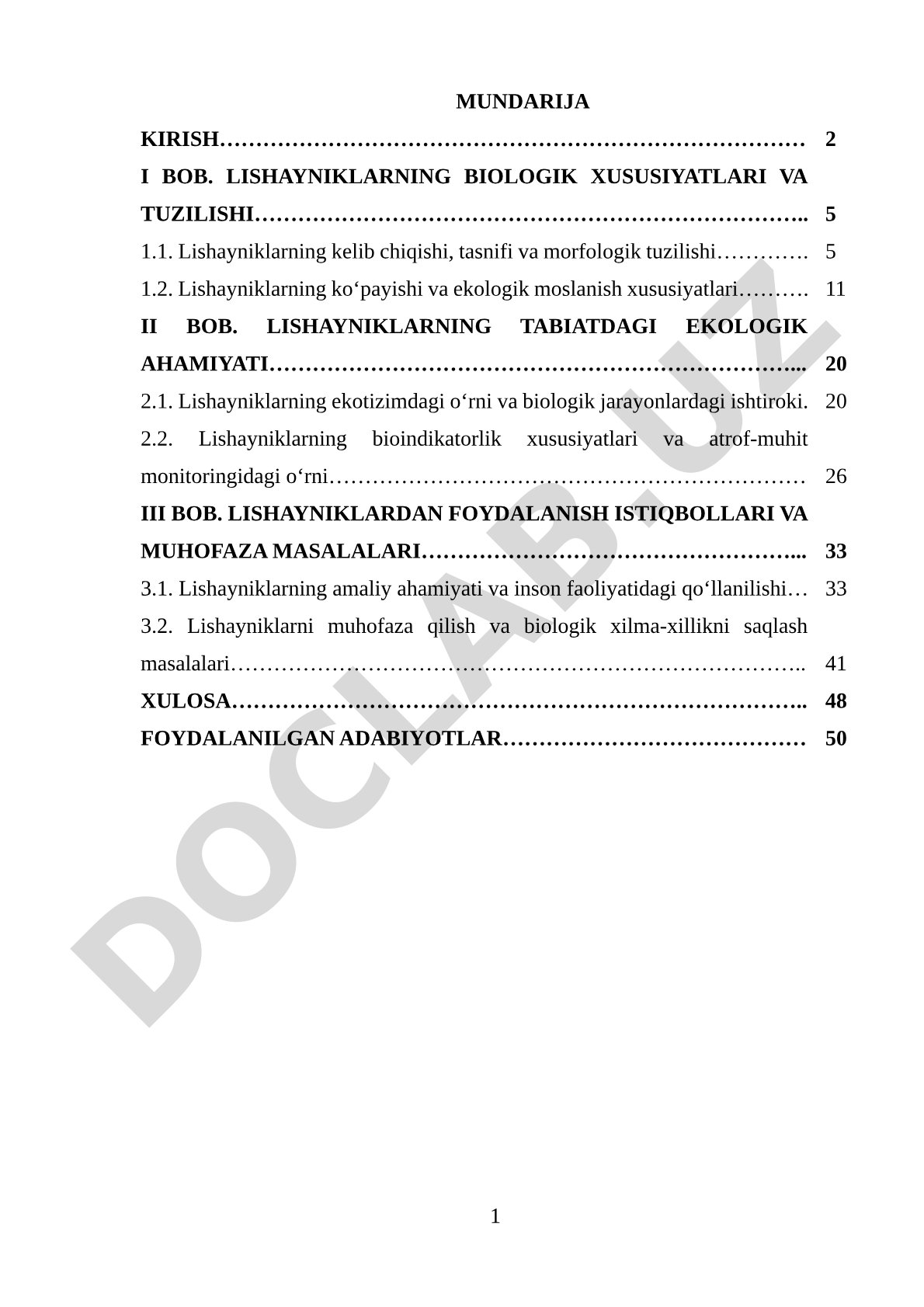 Lishayniklarning biologik xususiyatlari, ekologik ahamiyati va muhofazasi