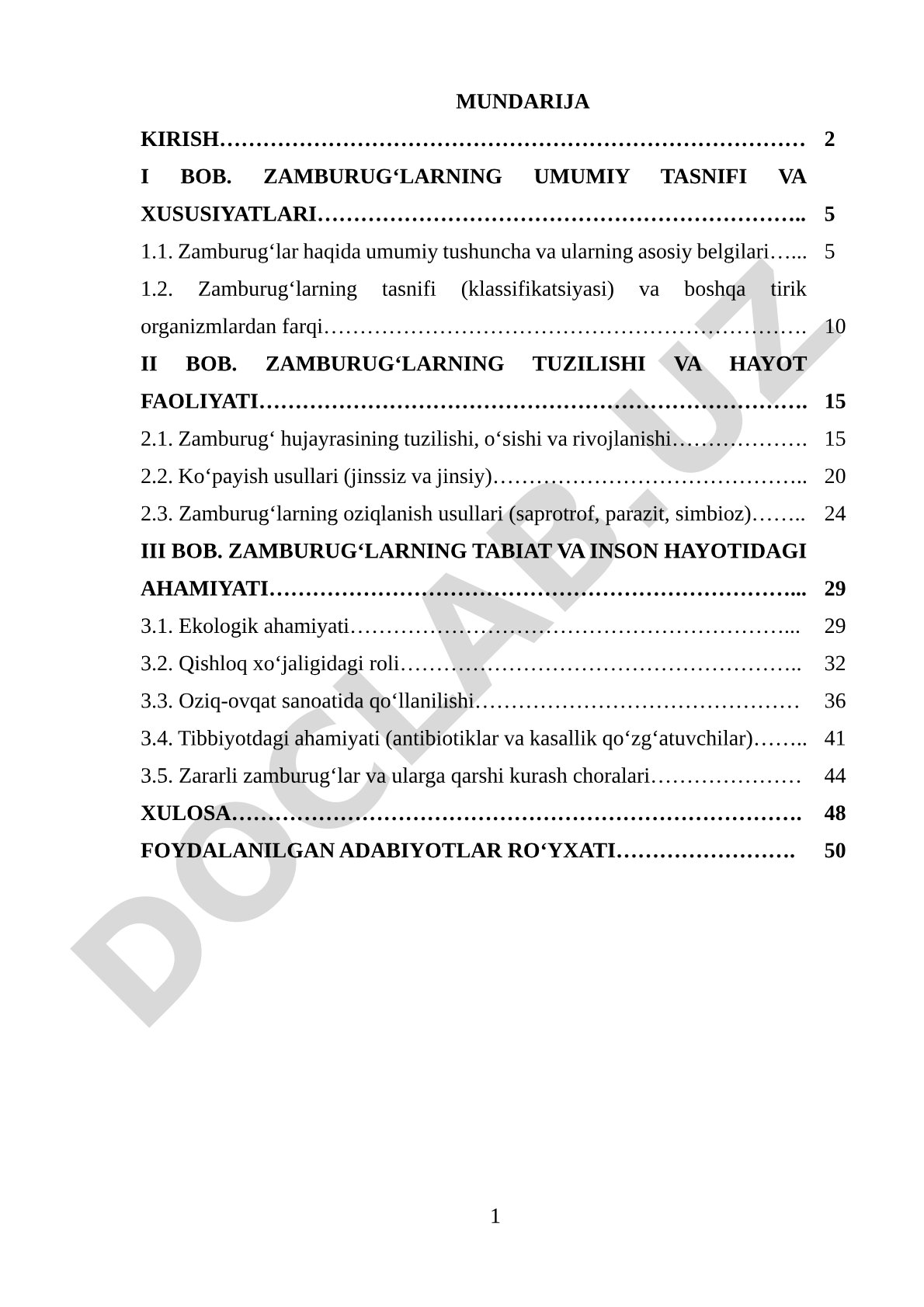 Zamburug'larning umumiy tasnifi va xususiyatlari